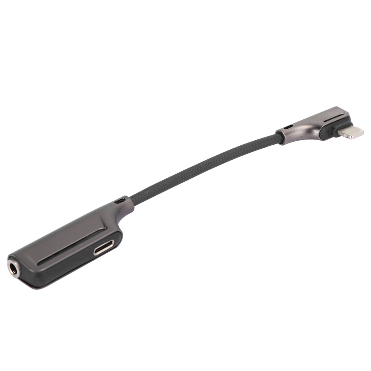 Dunkelgrauer Adapter mit Kabel, ein Ende 3,5-mm-Buchse, das andere Lightning.