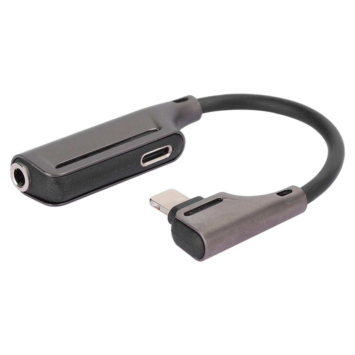 Dunkelgrauer Audioadapter mit Kabel. Er verbindet sich mit einem Telefon und hat eine Kopfhörerbuchse.