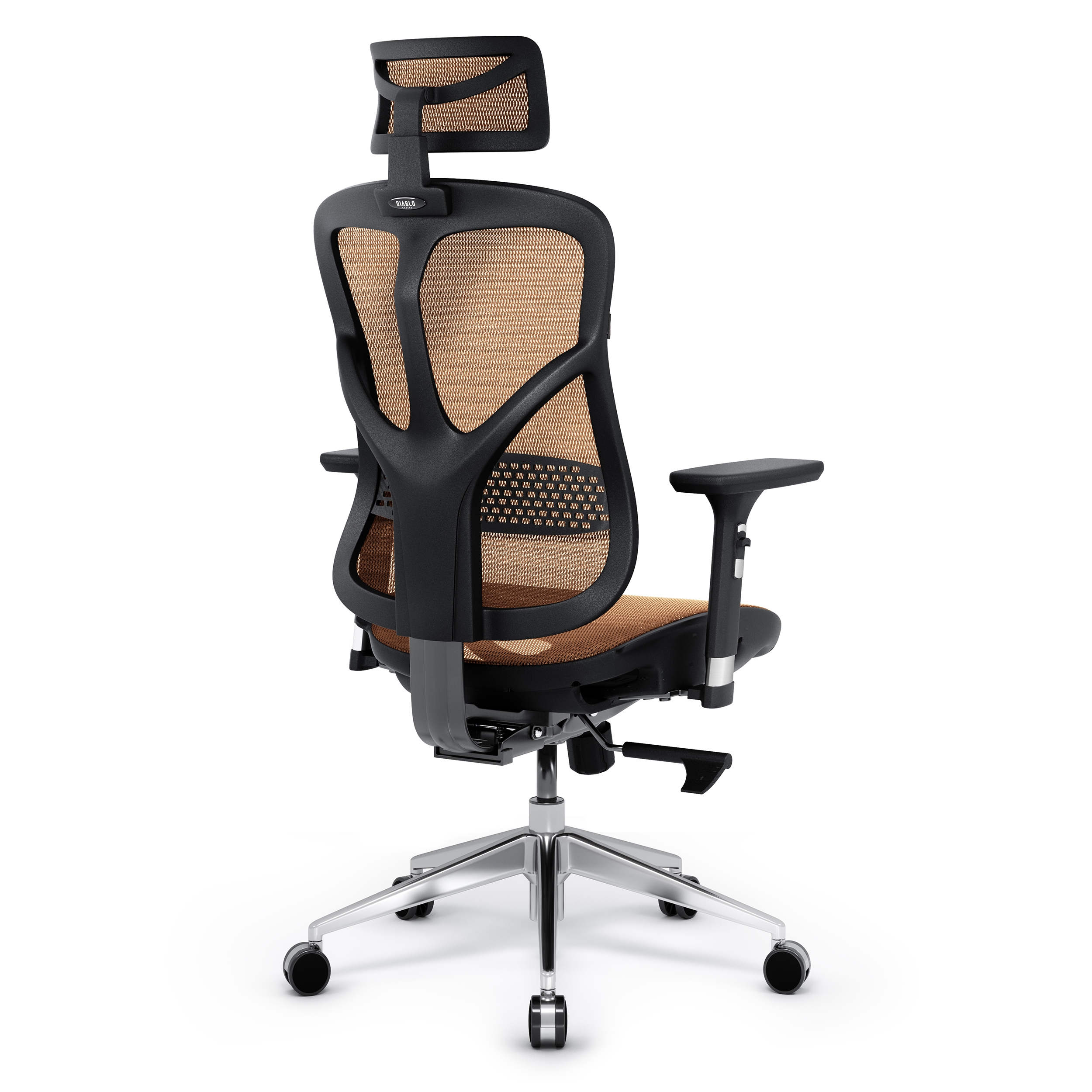Schwarzer ergonomischer Bürostuhl von hinten, mit Netz und verstellbaren Funktionen.