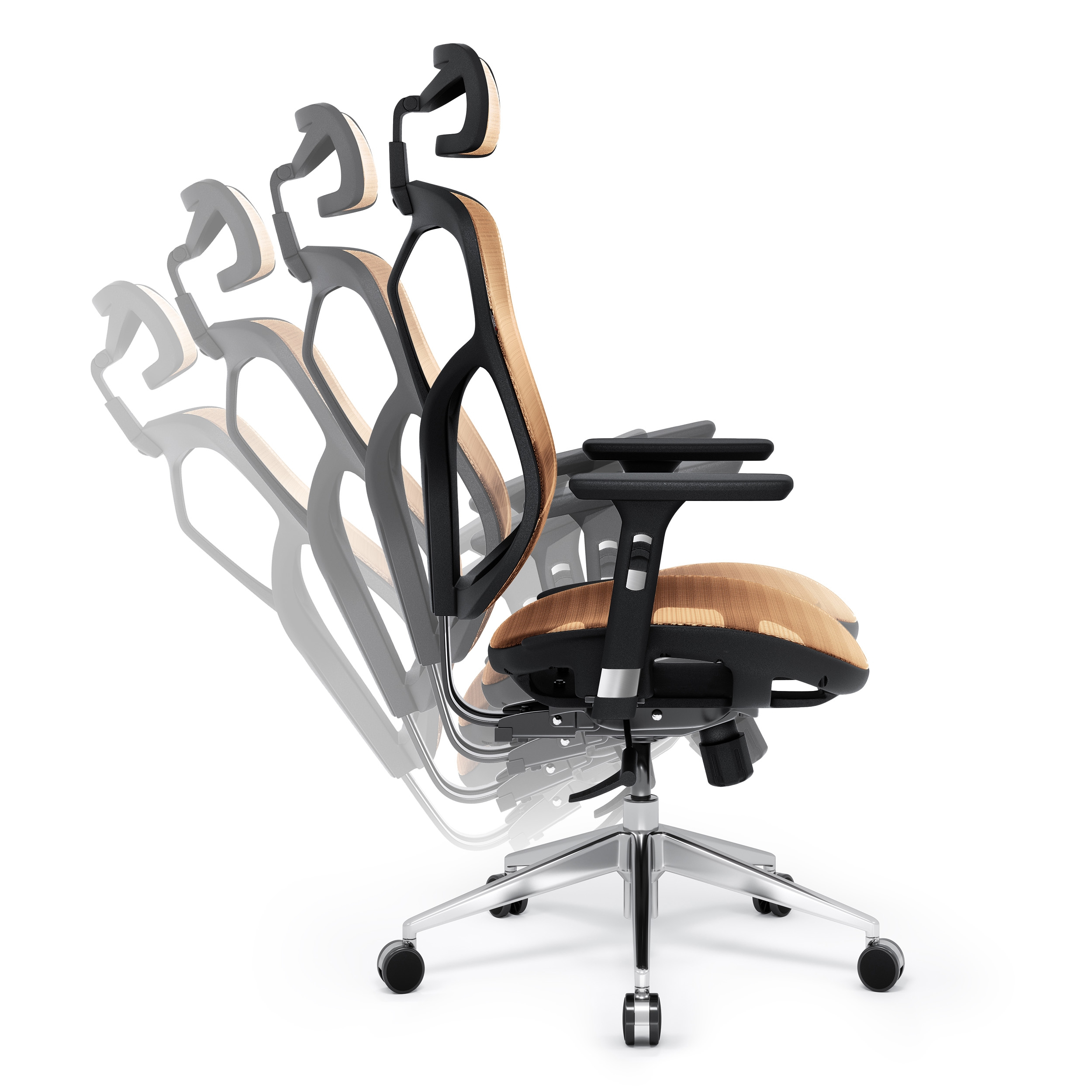Ein Bürostuhl mit Netzrücken und -sitz. Der Stuhl ist schwarz und braun, und die Rückenlehne ist abgewinkelt.
