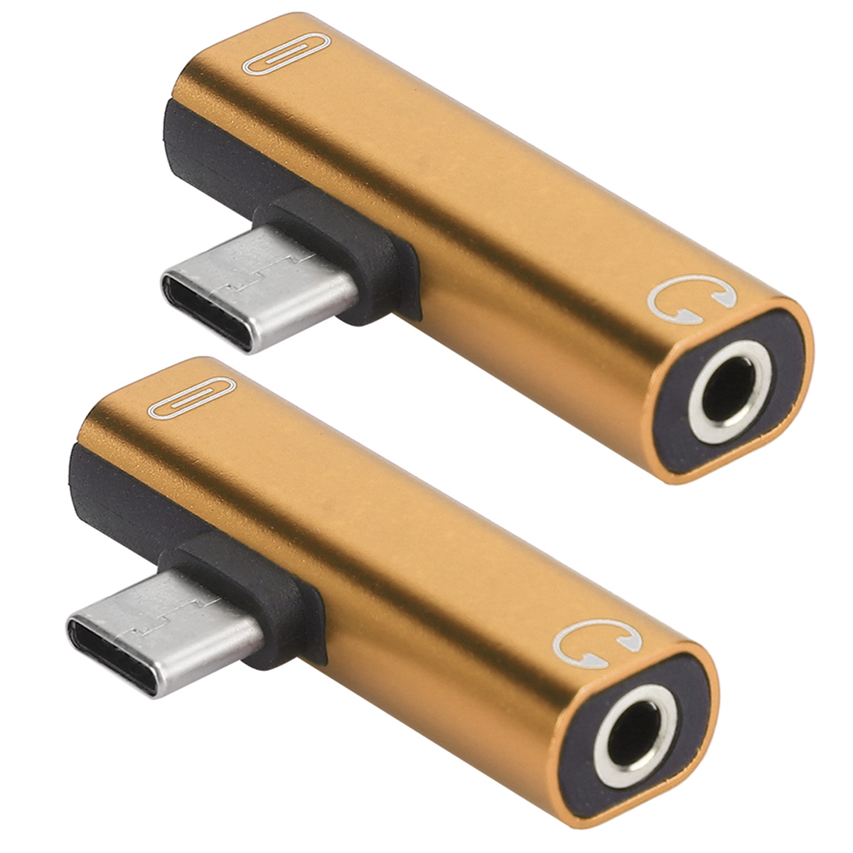 Zwei goldfarbene USB-C-zu-3,5-mm-Audioadapter nebeneinander. Der Hintergrund ist schlicht weiß.