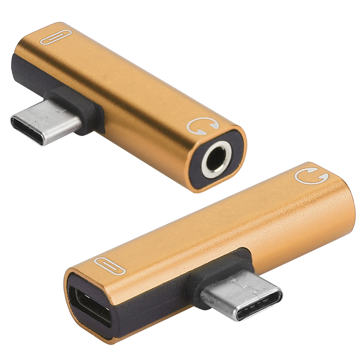Zwei goldfarbene USB-C-zu-3,5-mm-Audioadapter. Einer hat eine 3,5-mm-Buchse, der andere einen USB-C-Anschluss.