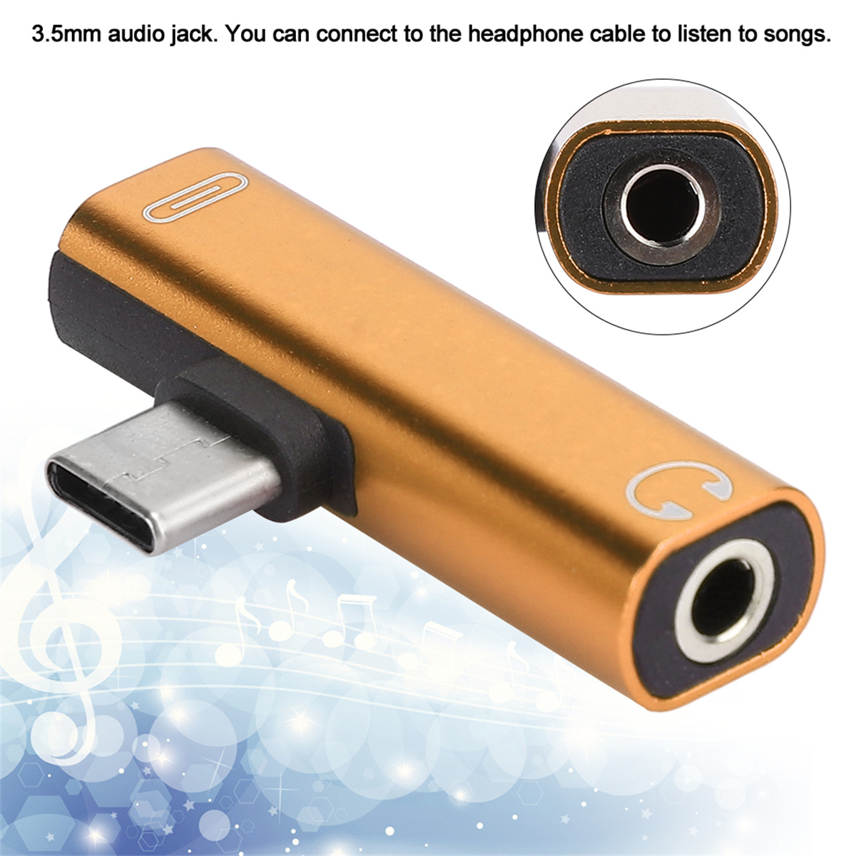 Goldener Adapter mit USB-C und 3,5-mm-Audioanschluss für Kopfhörer. Auf weißem und blauem Hintergrund.