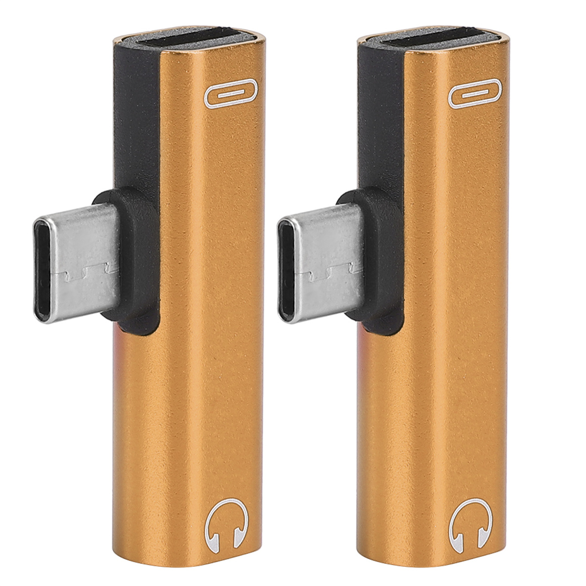 Zwei orangefarbene USB-C-zu-USB-C-Adapter werden präsentiert, mit einem schwarzen Verbindungsstück.