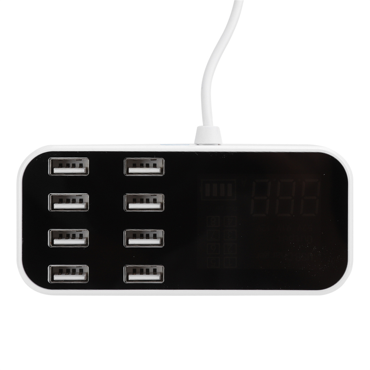 Weißer USB-Hub mit mehreren Anschlüssen, einem Digitaldisplay und einem weißen Kabel.