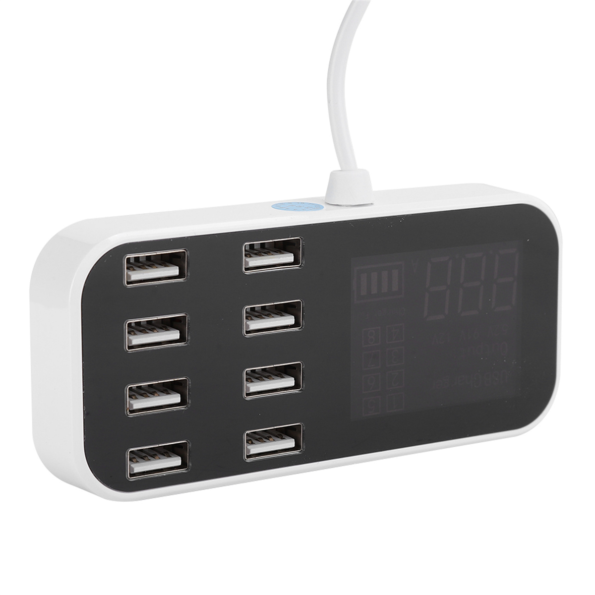 Weißes und schwarzes USB-Ladegerät mit 8 Anschlüssen und Digitalanzeige für Batterie und Spannung.