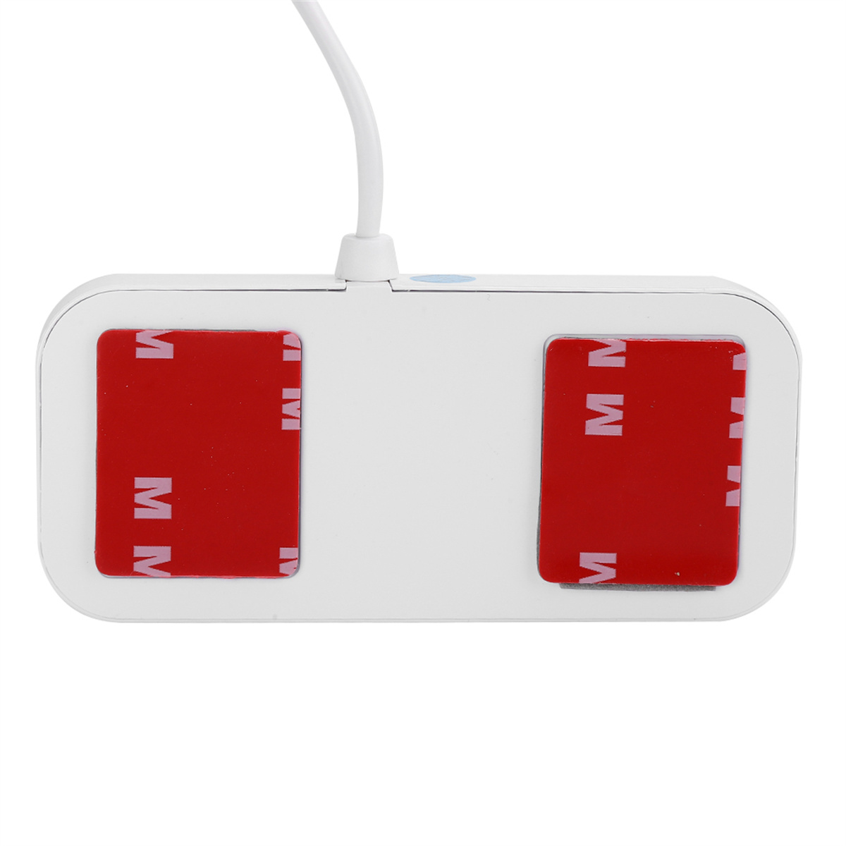 Weißes Gerät mit roten Klebepads. Ein weißes Kabel ragt oben heraus.