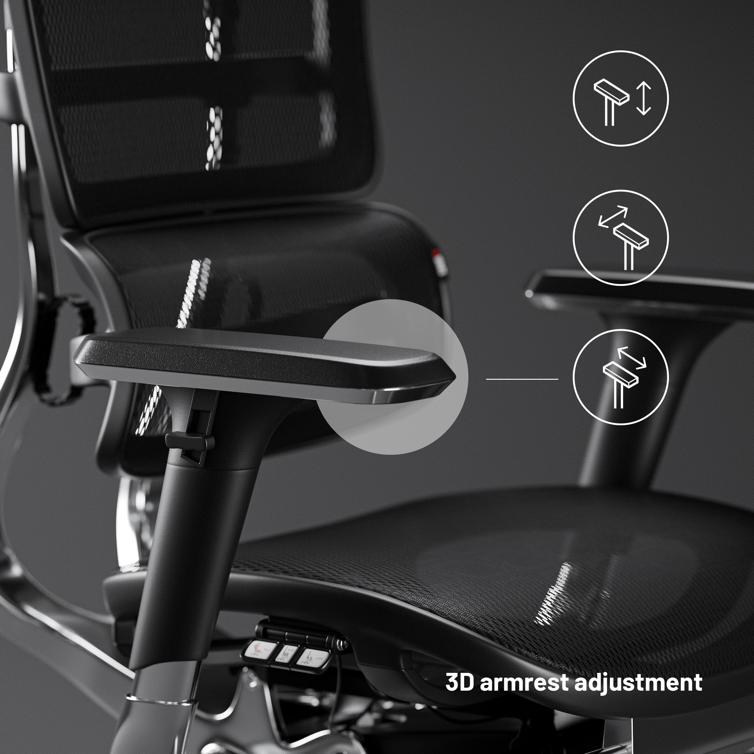 Czarne krzesło biurowe z regulacją podłokietników 3D. Strzałki pokazują kierunki regulacji.