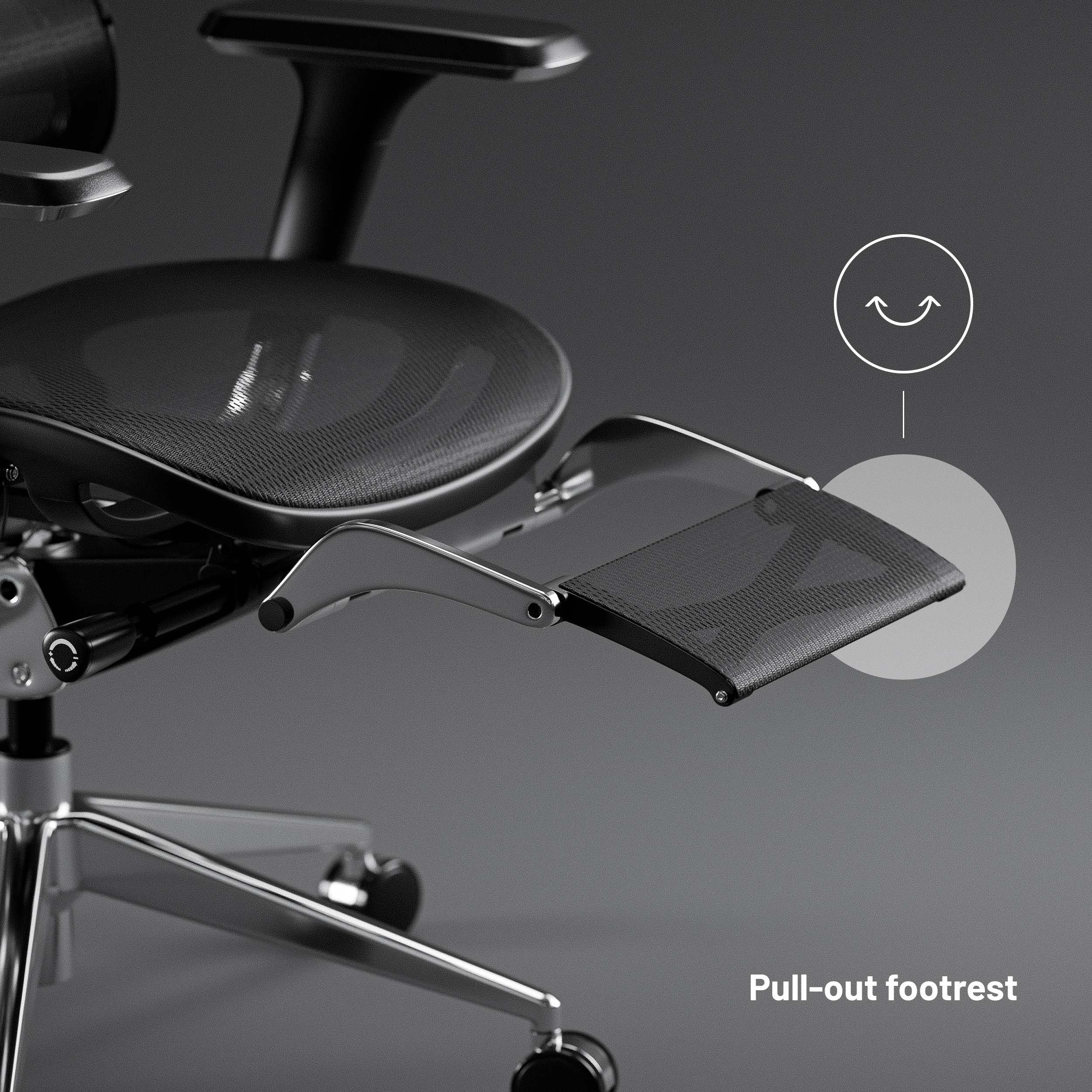 Krzesło biurowe z wysuwanym podnóżkiem.