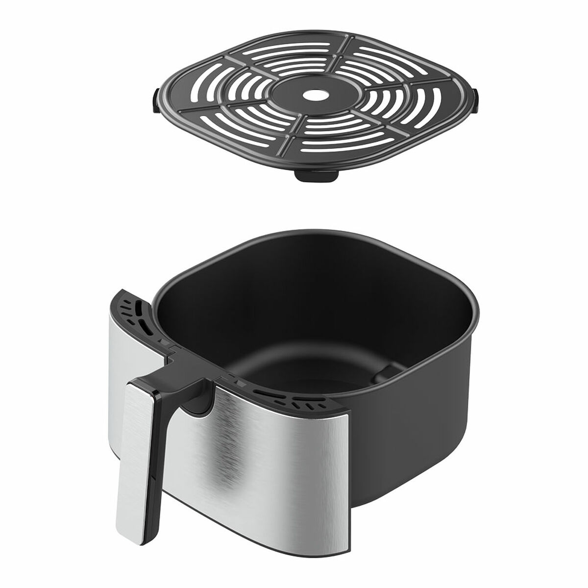 Una friggitrice ad aria con cestello e griglia superiore, design nero e argento.