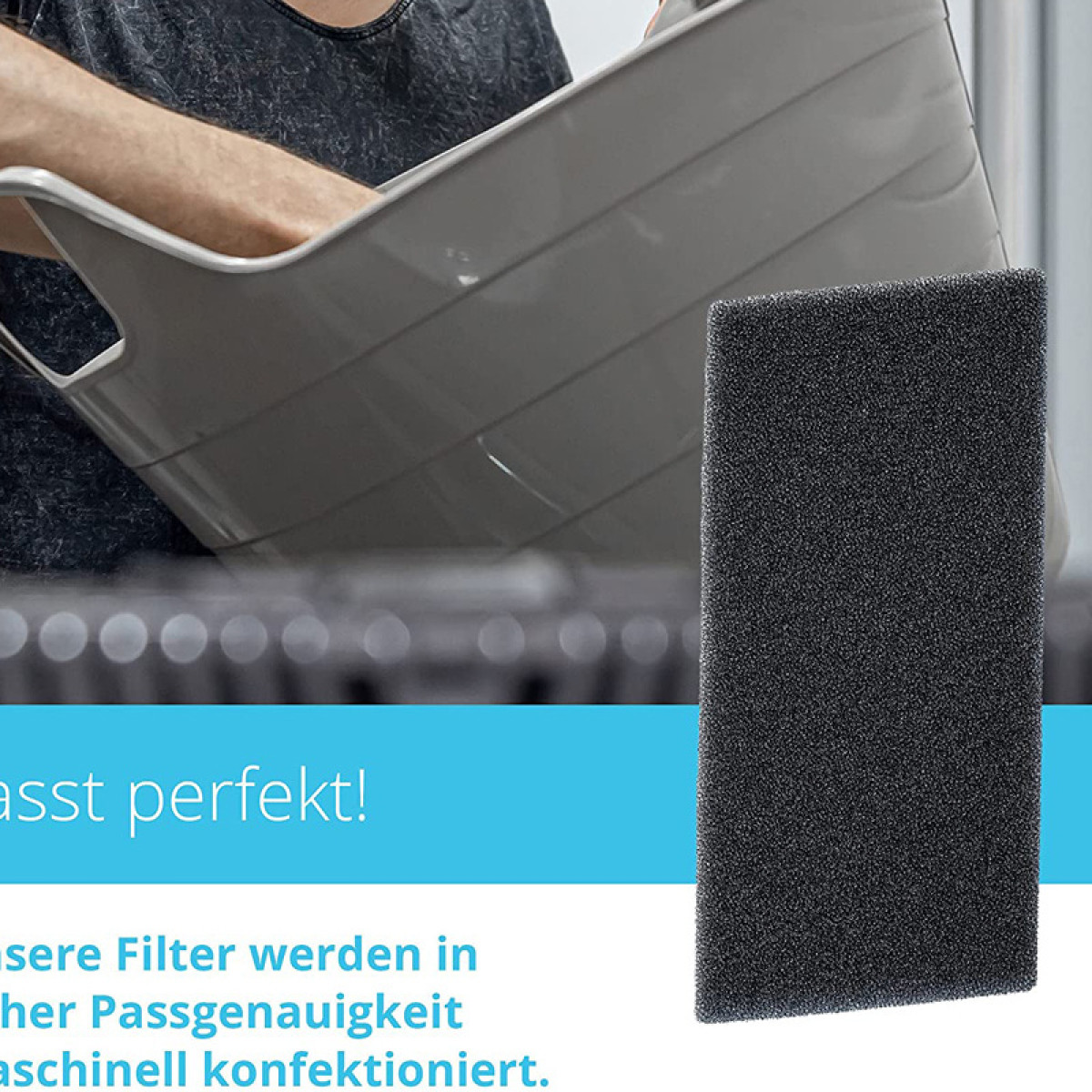 Czarny filtr piankowy i szary kosz na pranie. Tekst: 'passt perfekt!' i inne informacje.