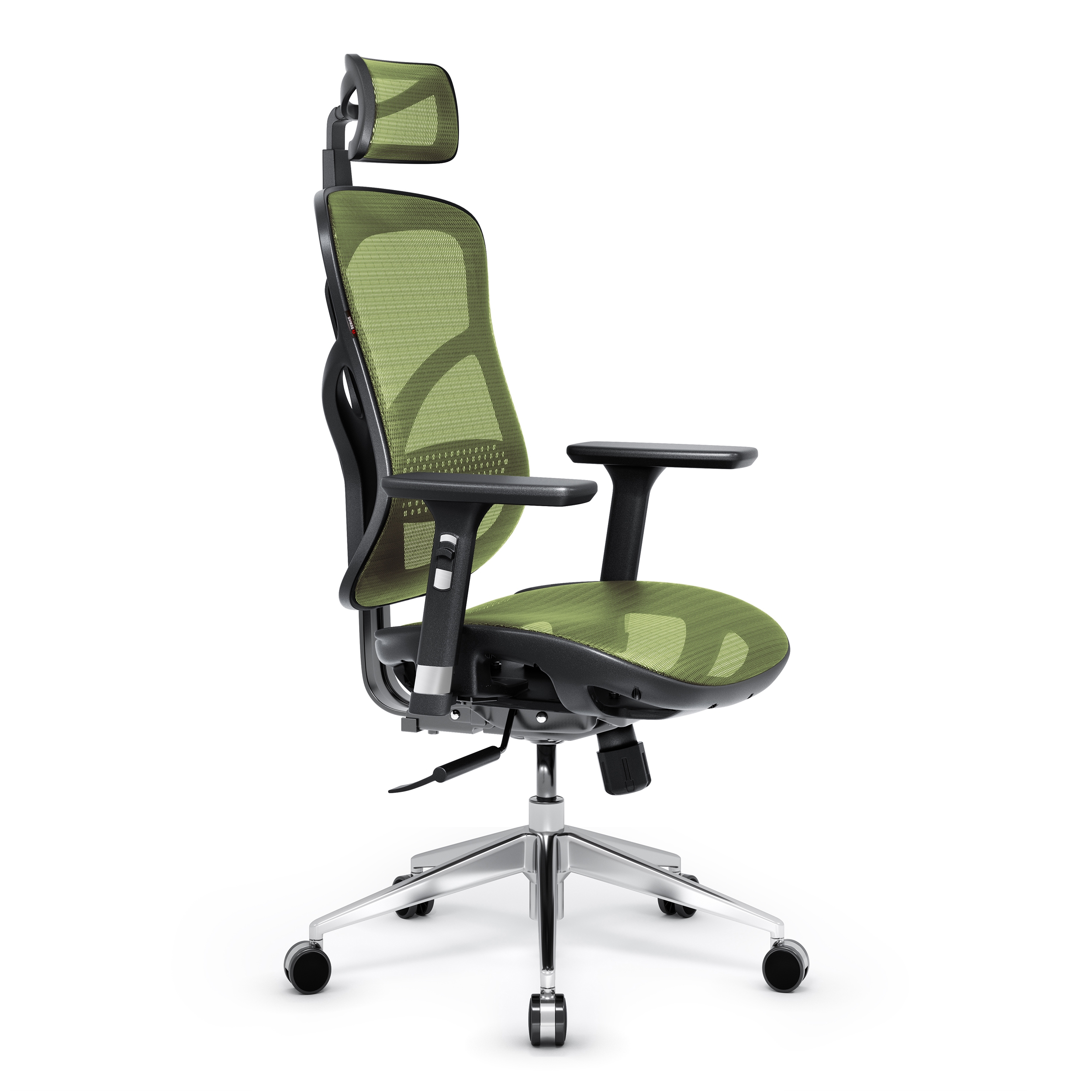 Grüner ergonomischer Bürostuhl aus Netzstoff. Er hat eine Kopfstütze, Armlehnen und ein silbernes Gestell mit Rollen.