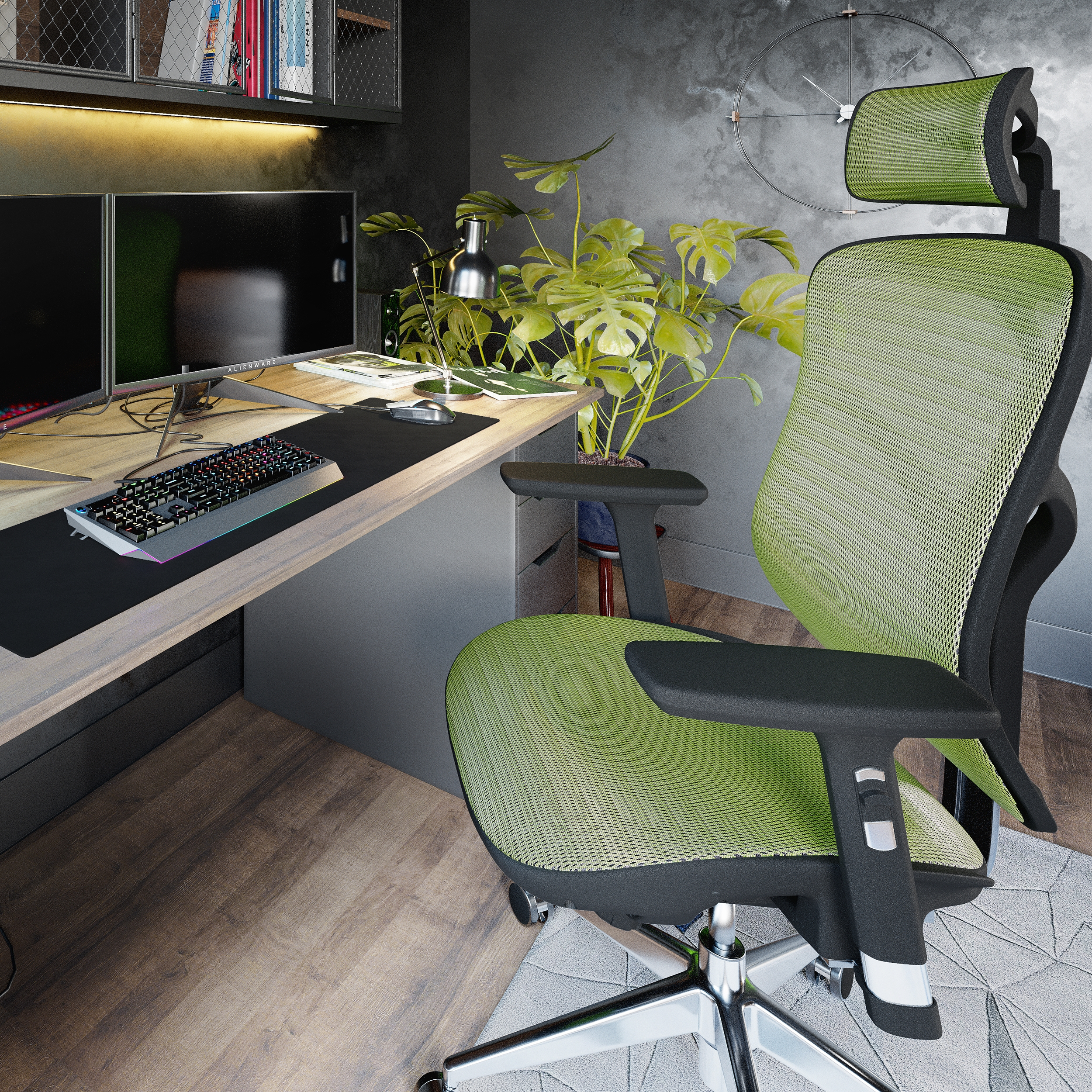 Grüner Bürostuhl in einem Arbeitsbereich mit Schreibtisch, Computer und Pflanze.