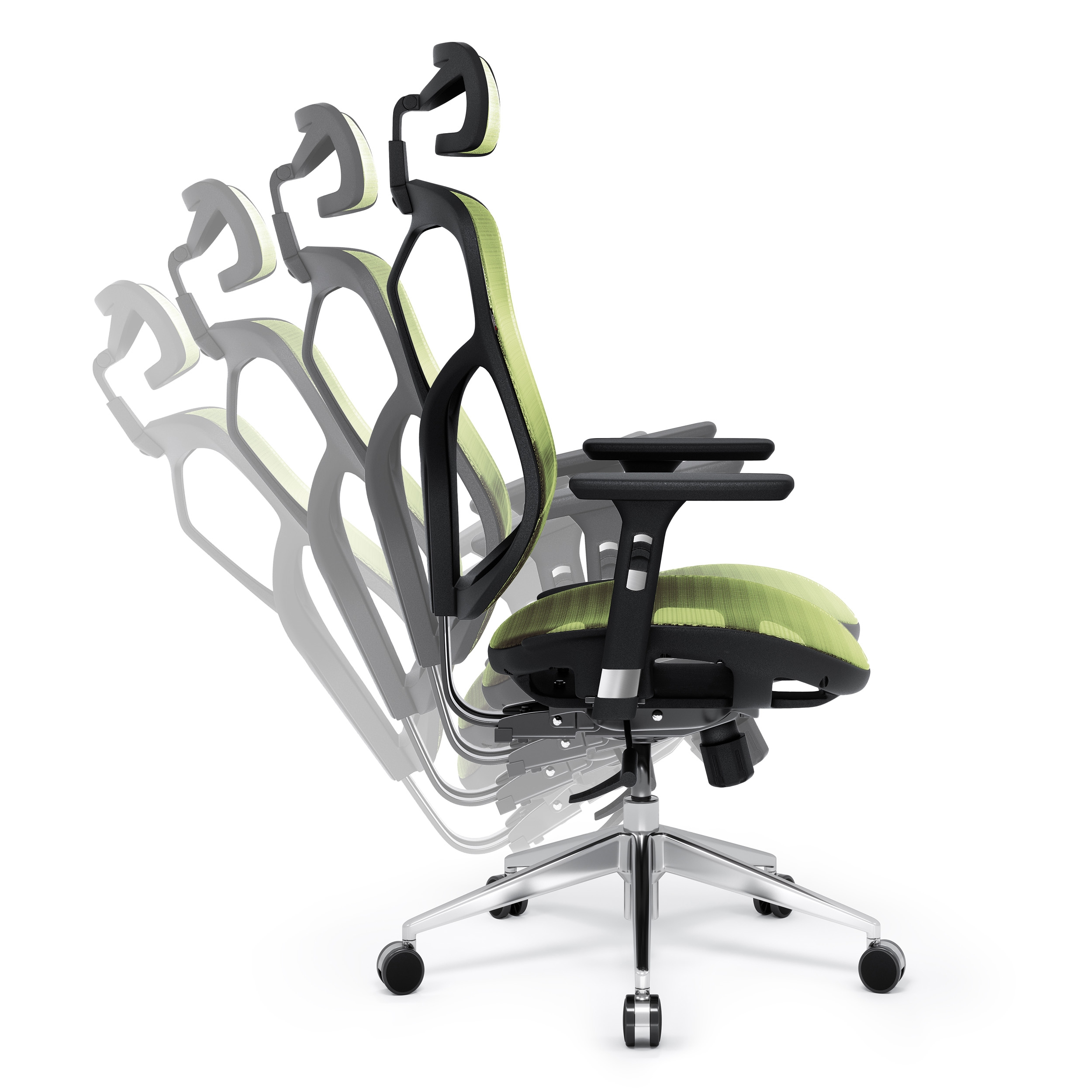 Bürostuhl mit grünem Netzrücken und Kopfstütze. Der Stuhl steht vor weißem Hintergrund.