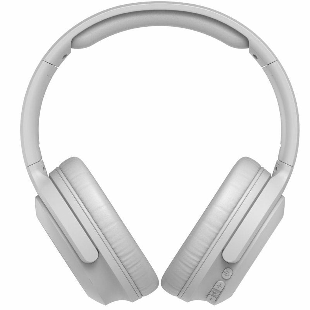 Cuffie bianche sovraurali. Le cuffie sono appoggiate su uno sfondo bianco. Il design è semplice.