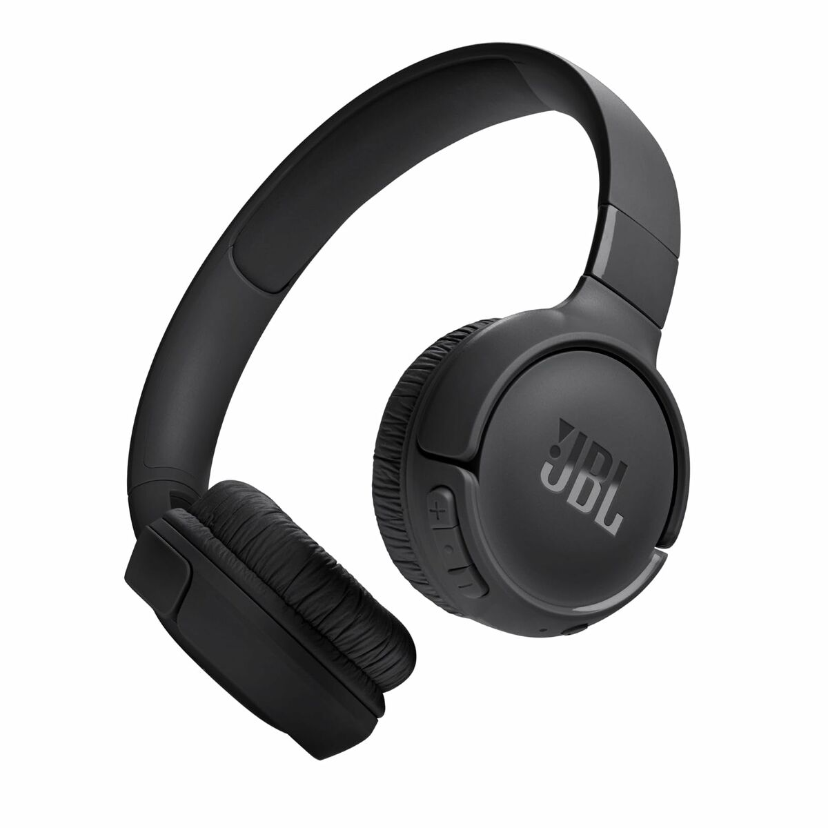Schwarze JBL-Kopfhörer auf weißem Hintergrund. Der linke Ohrmuschel und das Band sind sichtbar.