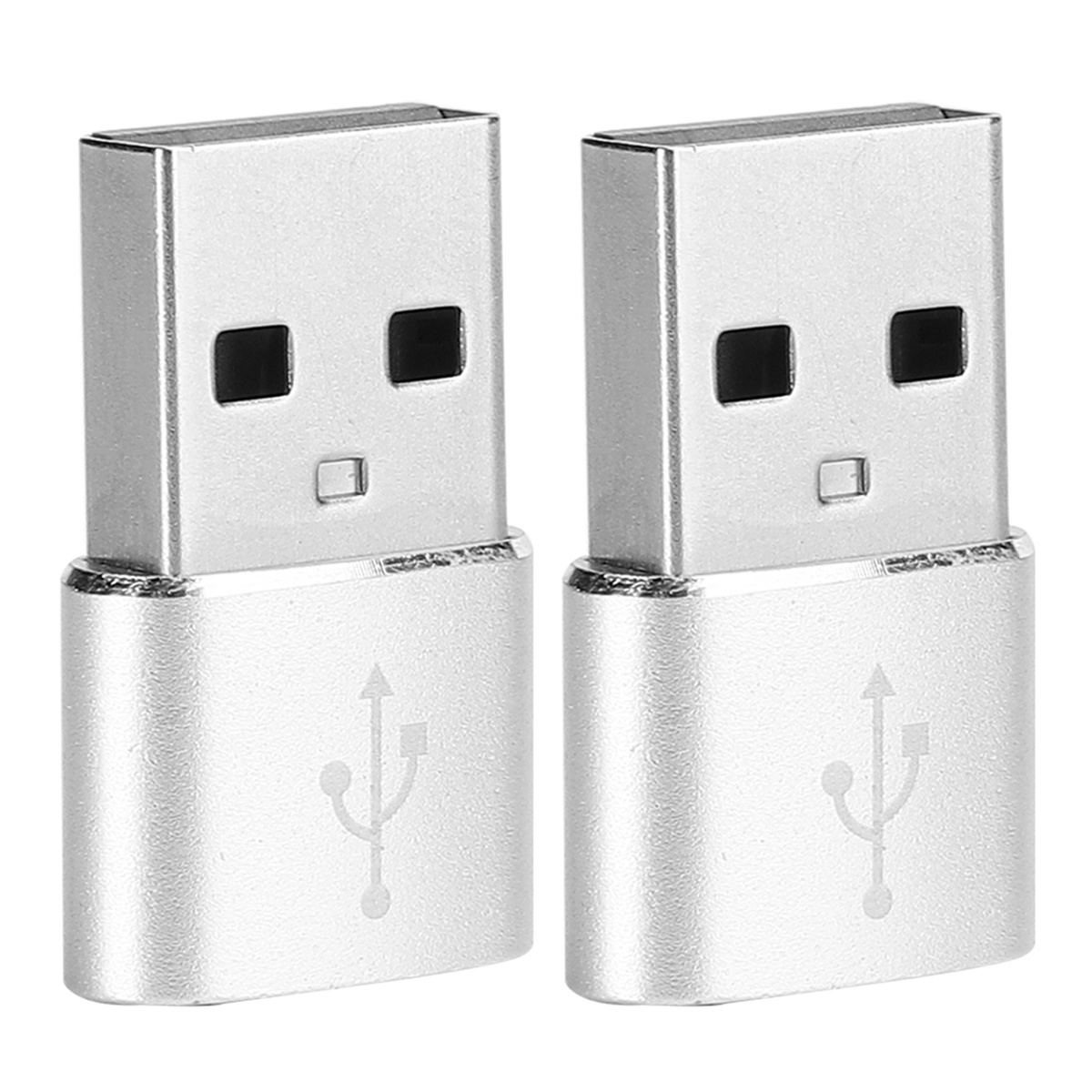 Zwei silberne USB-Adapter. Jeder Adapter hat ein USB-Symbol und eine quadratische Öffnung.