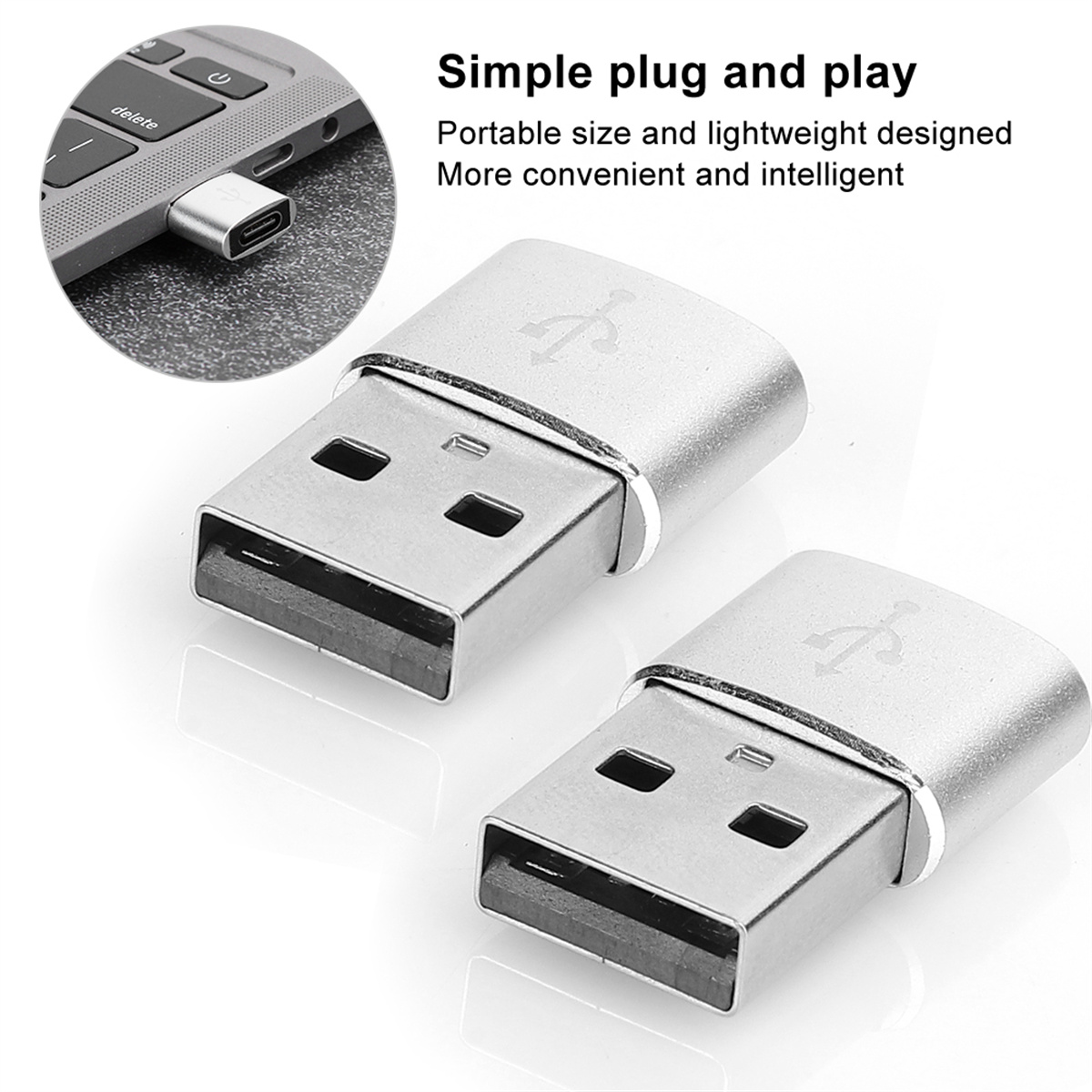 Zwei silberne USB-Adapter. Einer ist an einen Laptop angeschlossen. Text sagt einfaches Plug-and-Play.