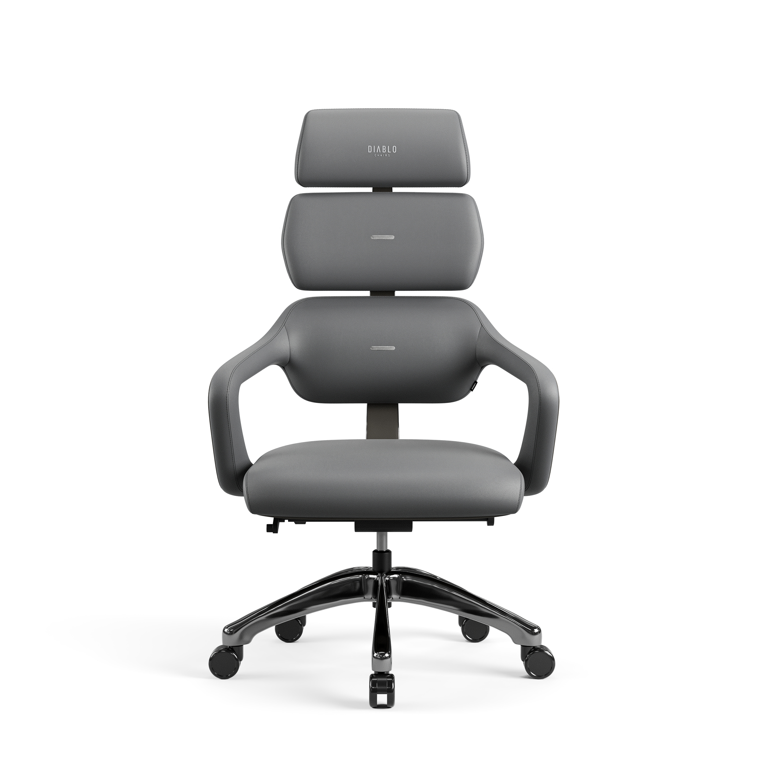 Ein grauer ergonomischer Bürostuhl mit Kopfstütze, Rückenlehne, Armlehnen und Rollfuß.