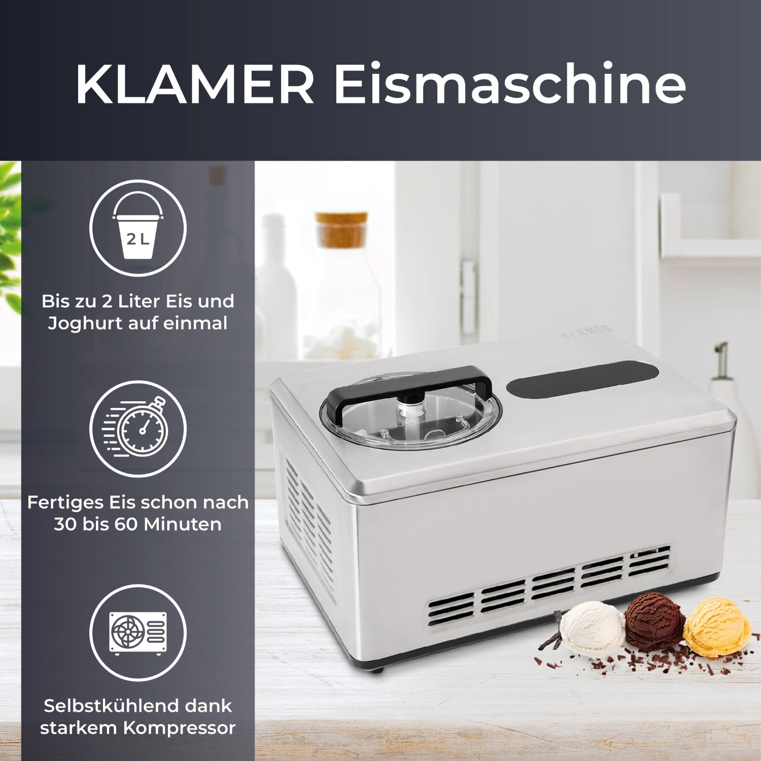 Eismaschine aus Edelstahl mit Text und Symbolen, die ihre Funktionen beschreiben, und ein paar Eiscreme-Kugeln.