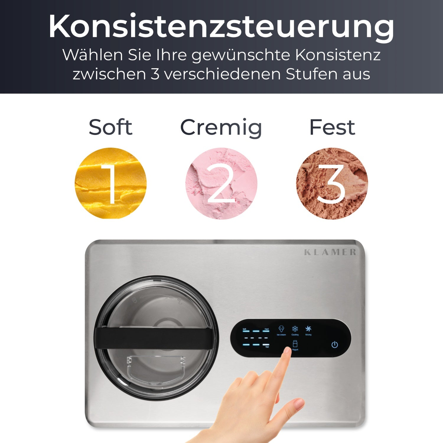 Silberner Eisbereiter, eine Hand berührt das Bedienfeld. Text: Konsistenzkontrolle.