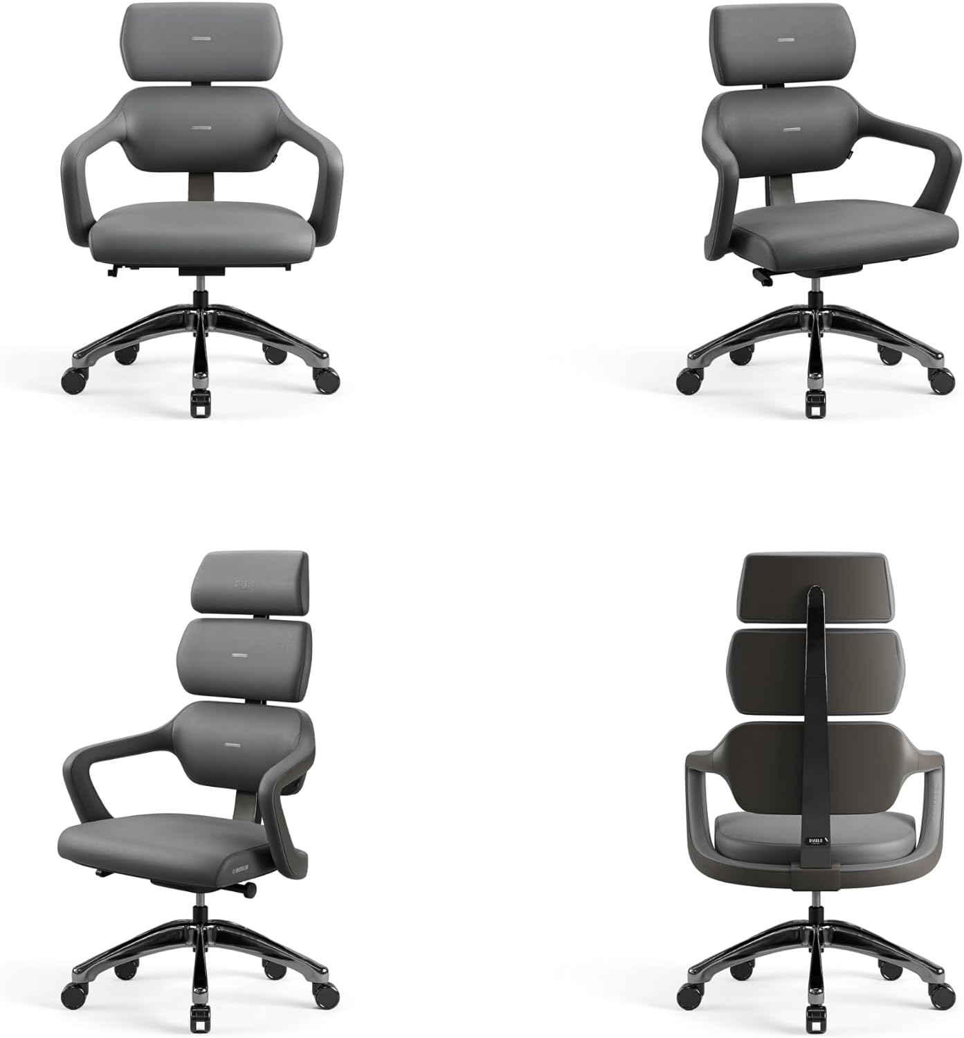 Vier Ansichten eines grauen ergonomischen Bürostuhls. Der Stuhl steht auf Rollen und hat eine Kopfstütze.