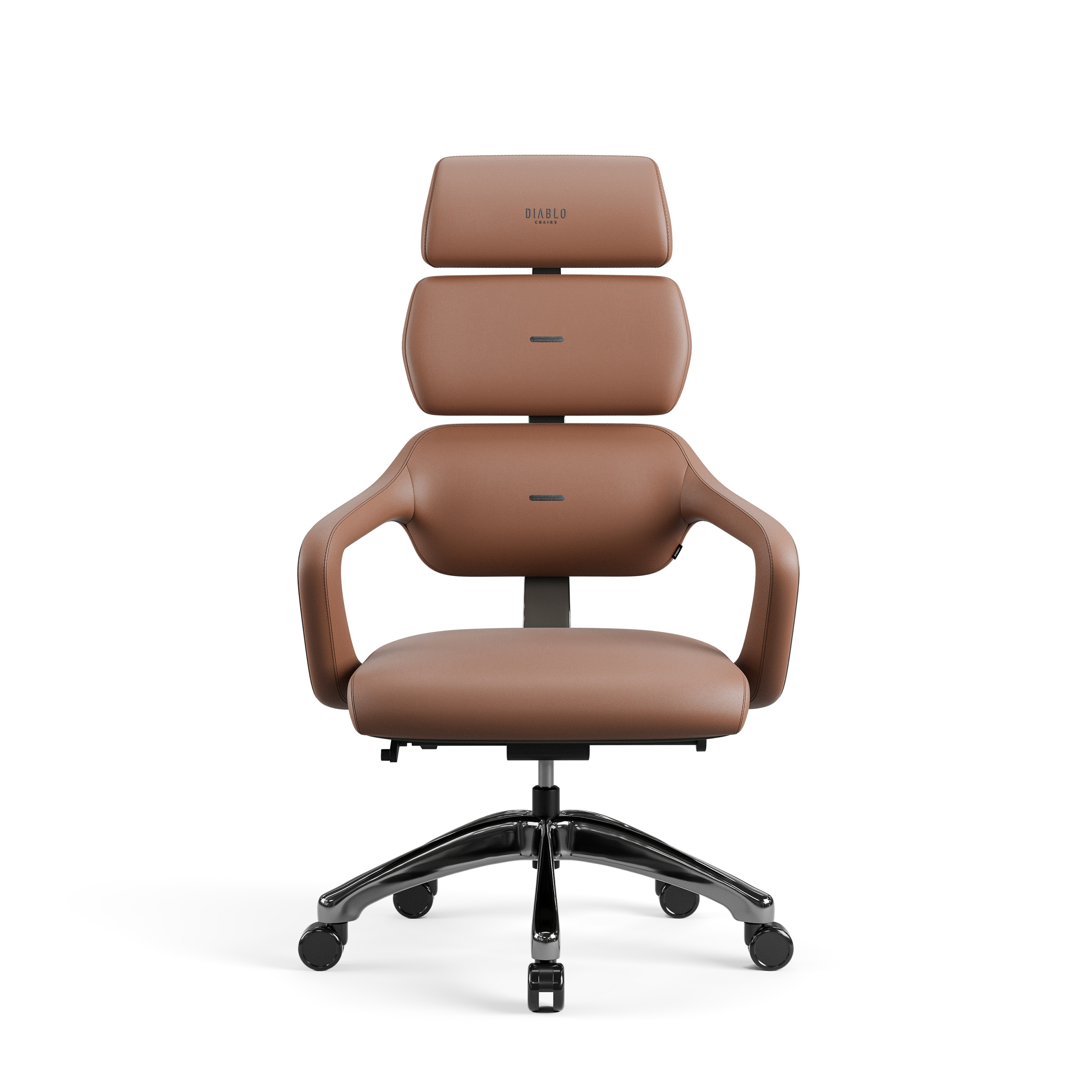 Brauner ergonomischer Bürostuhl mit hoher Rückenlehne und Kopfstütze, schwarzem Fuß, weißem Hintergrund.