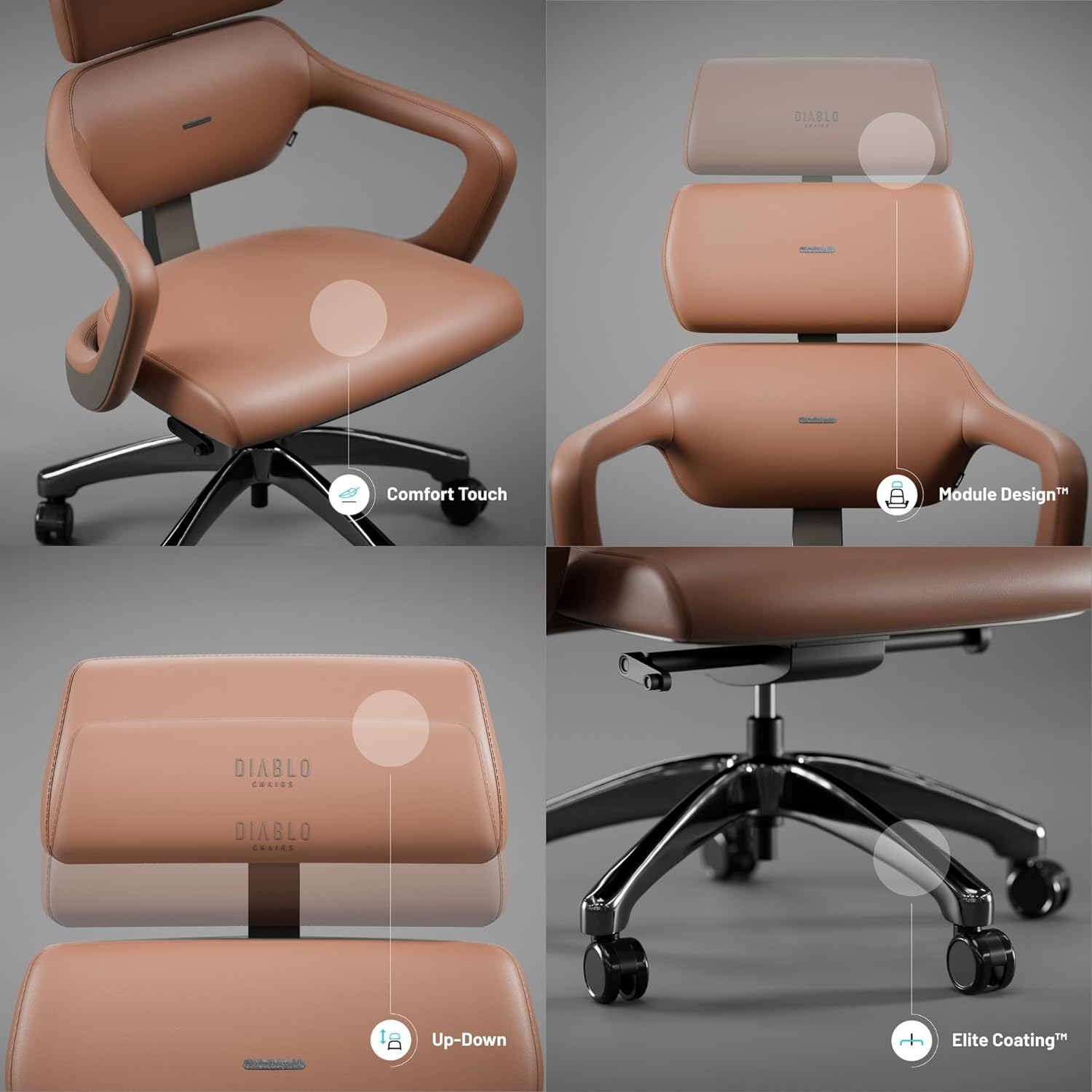 Brauner Bürostuhl aus Leder mit Designdetails und Etiketten auf grauem Hintergrund.