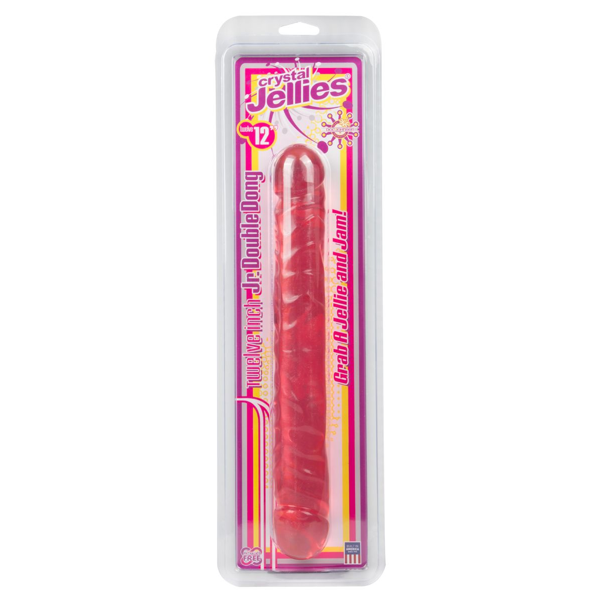 Roter, geleeartiger Dildo in einer Plastikverpackung mit Text.