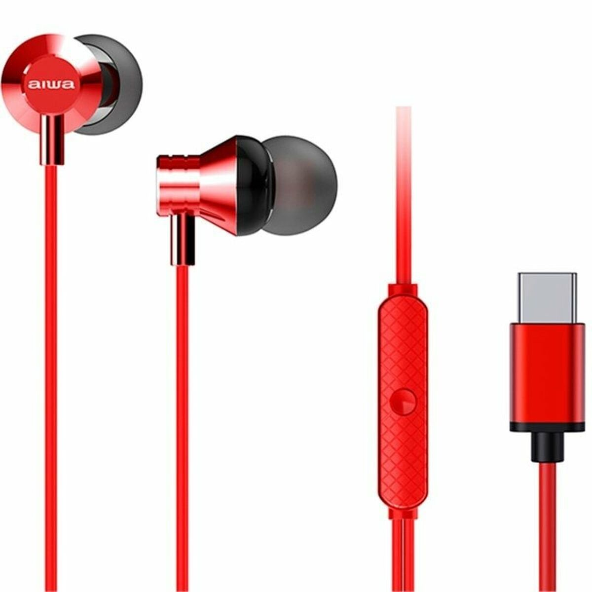 Rote Kopfhörer mit rotem Kabel und USB-C-Anschluss. Die Kopfhörer haben ein metallisches Finish.