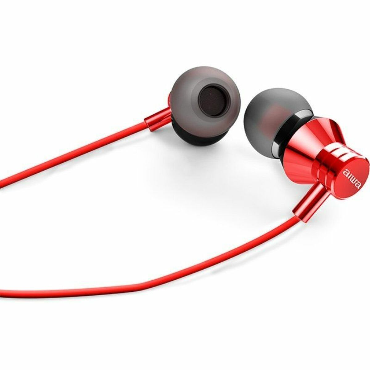 Rote In-Ear-Kopfhörer. Die Ohrhörer und das Verbindungskabel sind rot. Der Markenname ist sichtbar.