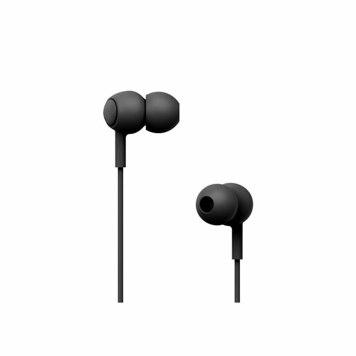 Cuffie in-ear nere con un design semplice ed elegante. Su sfondo bianco.