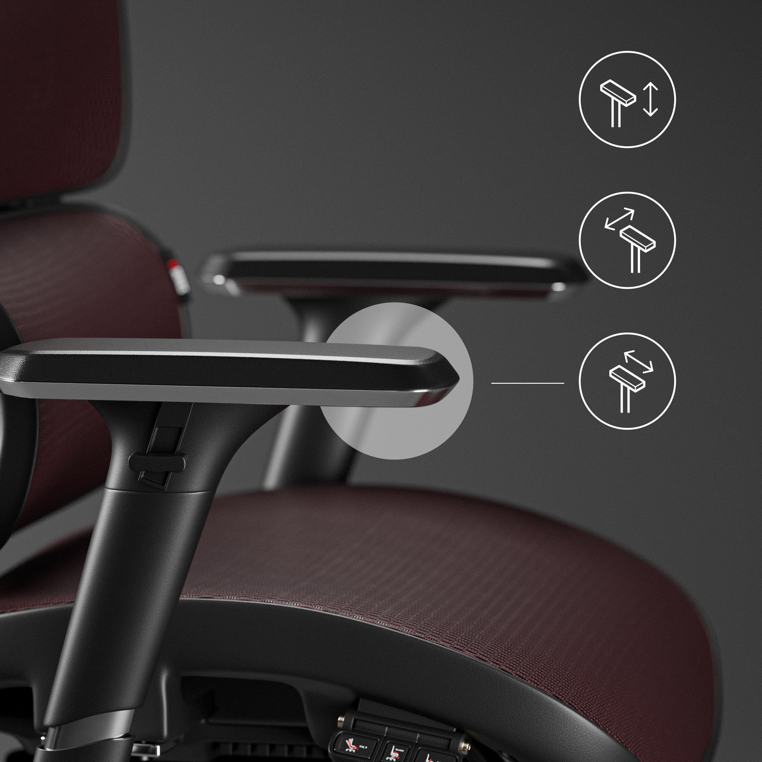 Podłokietnik krzesła biurowego z regulowanymi funkcjami. Pokazuje ikony regulacji wysokości i kąta.