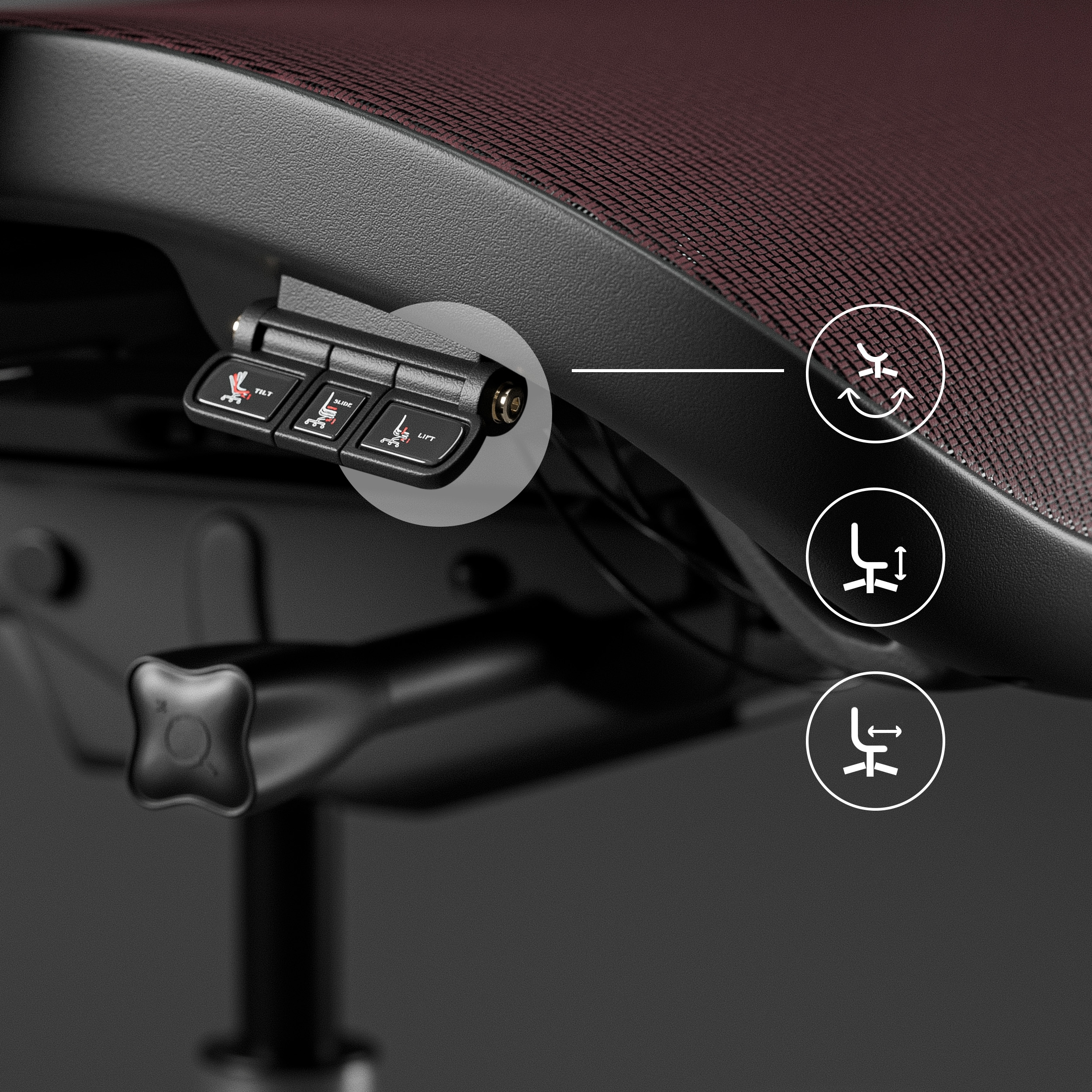 Zbliżenie panelu sterowania krzesła z ikonami regulacji.