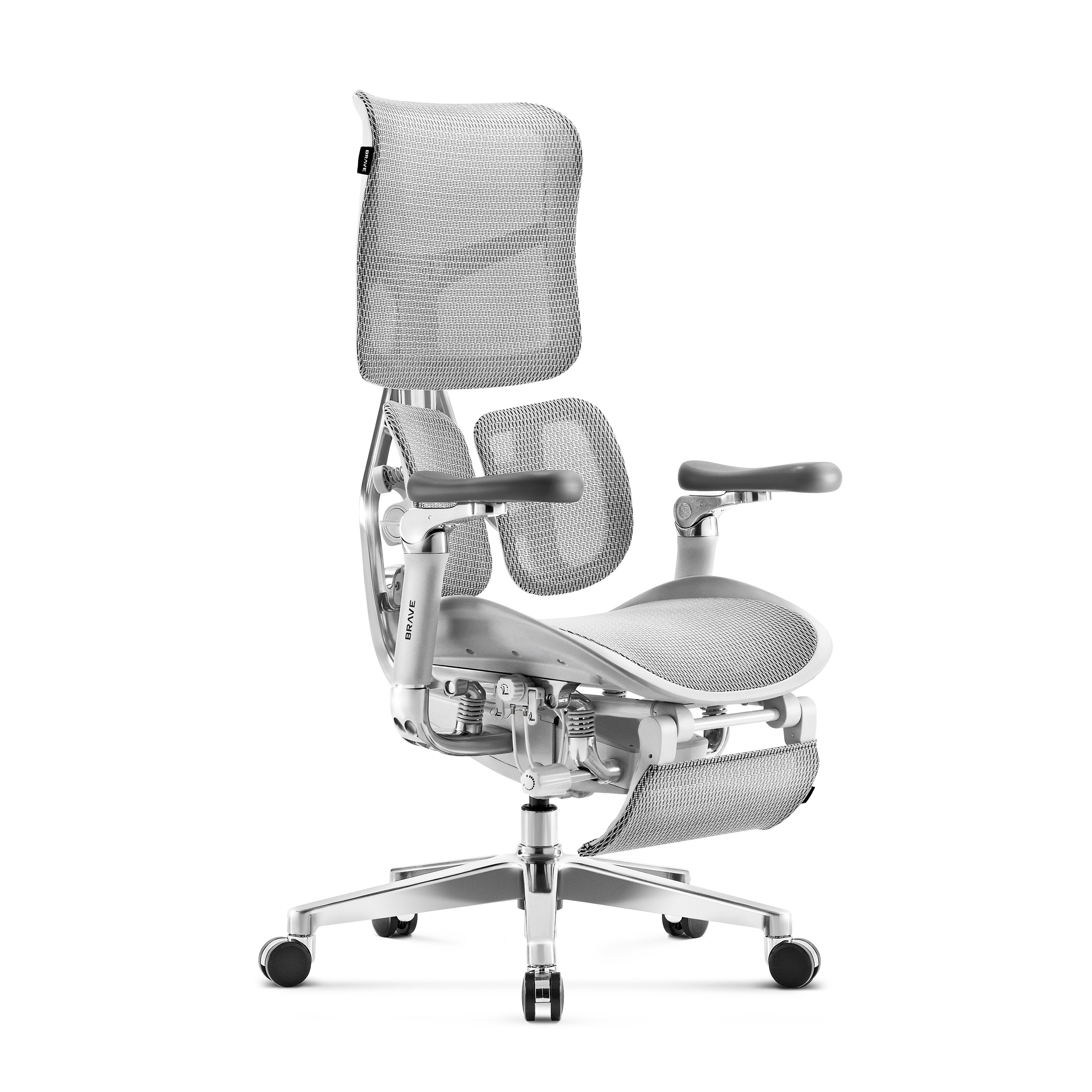 Ergonomischer grauer Bürostuhl mit Netzrücken und -sitz, mit weißem Hintergrund.