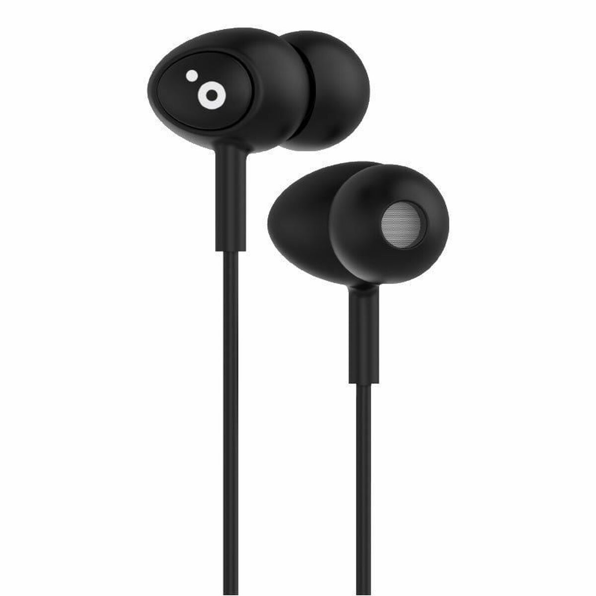 Auricolari neri con un piccolo punto bianco. Le cuffie sono su sfondo bianco.