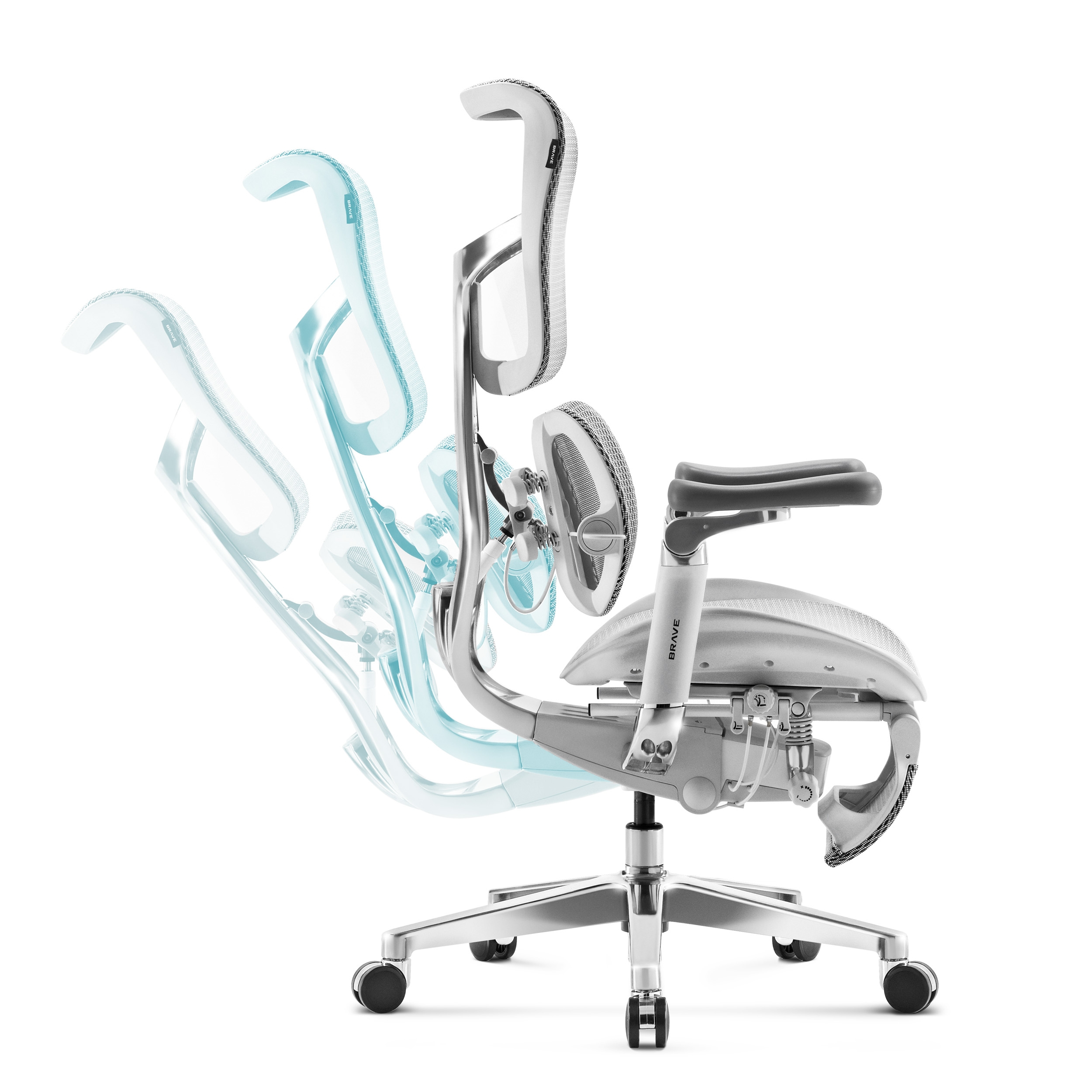 Ein weißer ergonomischer Bürostuhl in Bewegung, der seine Einstellungen zeigt, vor weißem Hintergrund.
