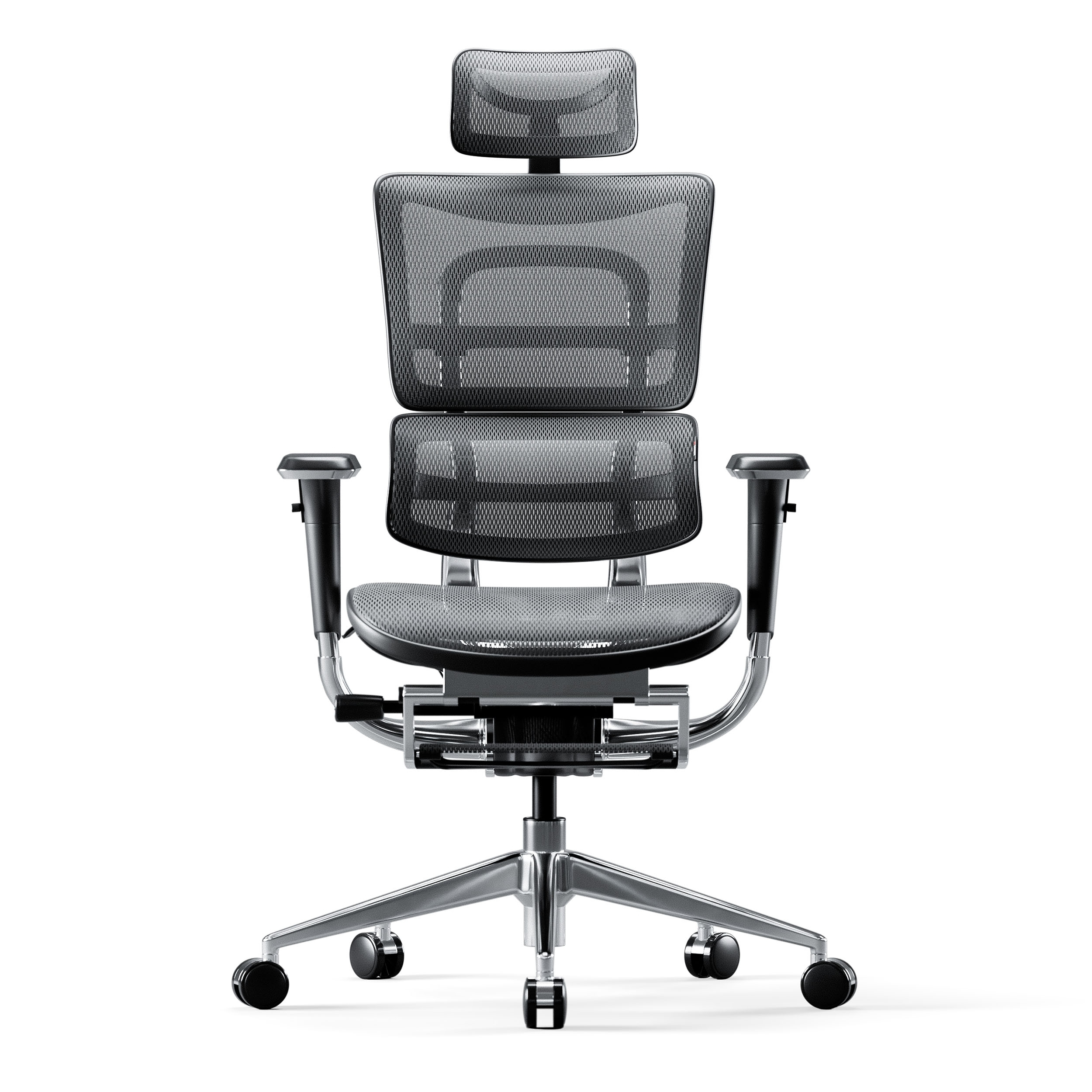 Ergonomiczne krzesło biurowe, siatkowe oparcie, srebrna podstawa, białe tło.