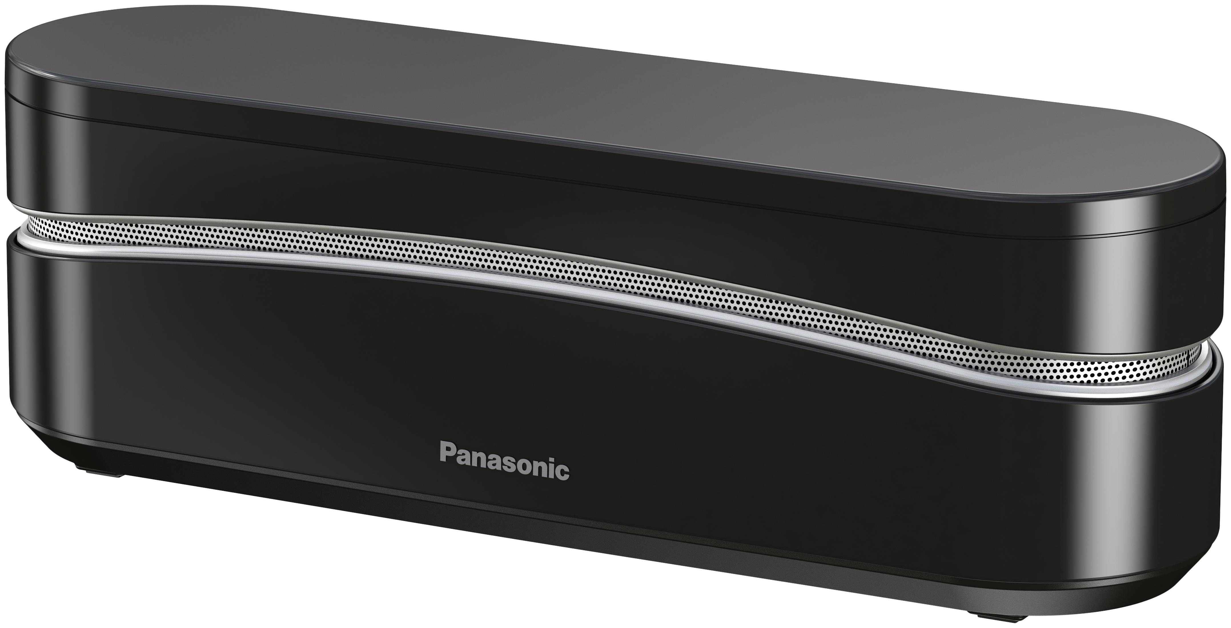 Ein schwarzes, elegantes, horizontales Gerät mit abgerundeten Kanten. Es hat ein silbernes Mesh und das Wort Panasonic.