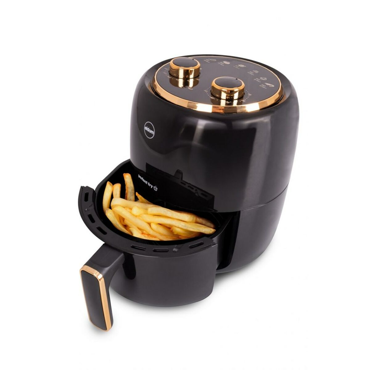 Friggitrice ad aria nera con un cassetto pieno di patatine fritte. Sono visibili dettagli e pulsanti dorati.