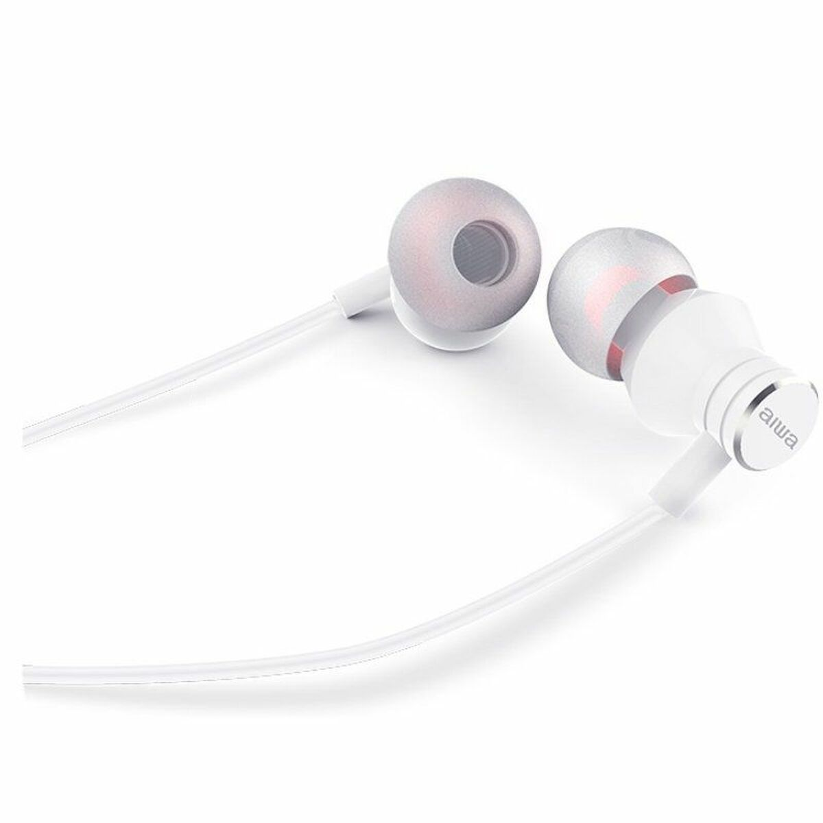 Auricolari bianchi con punte grigie e centri rossi. Su sfondo bianco.