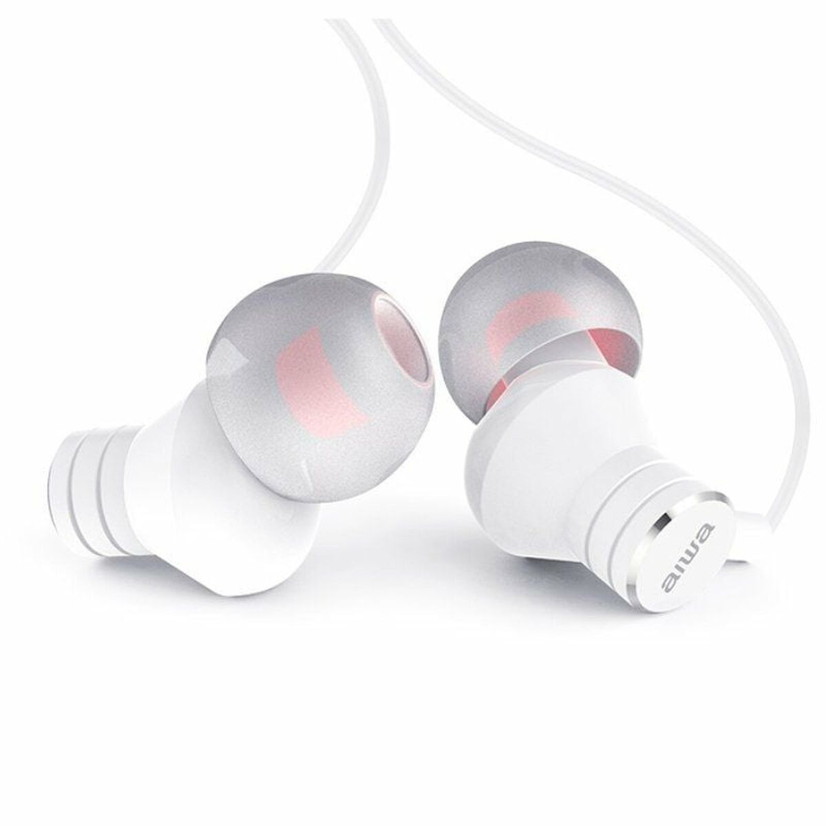 Due auricolari bianchi con dettagli rosa su sfondo bianco.