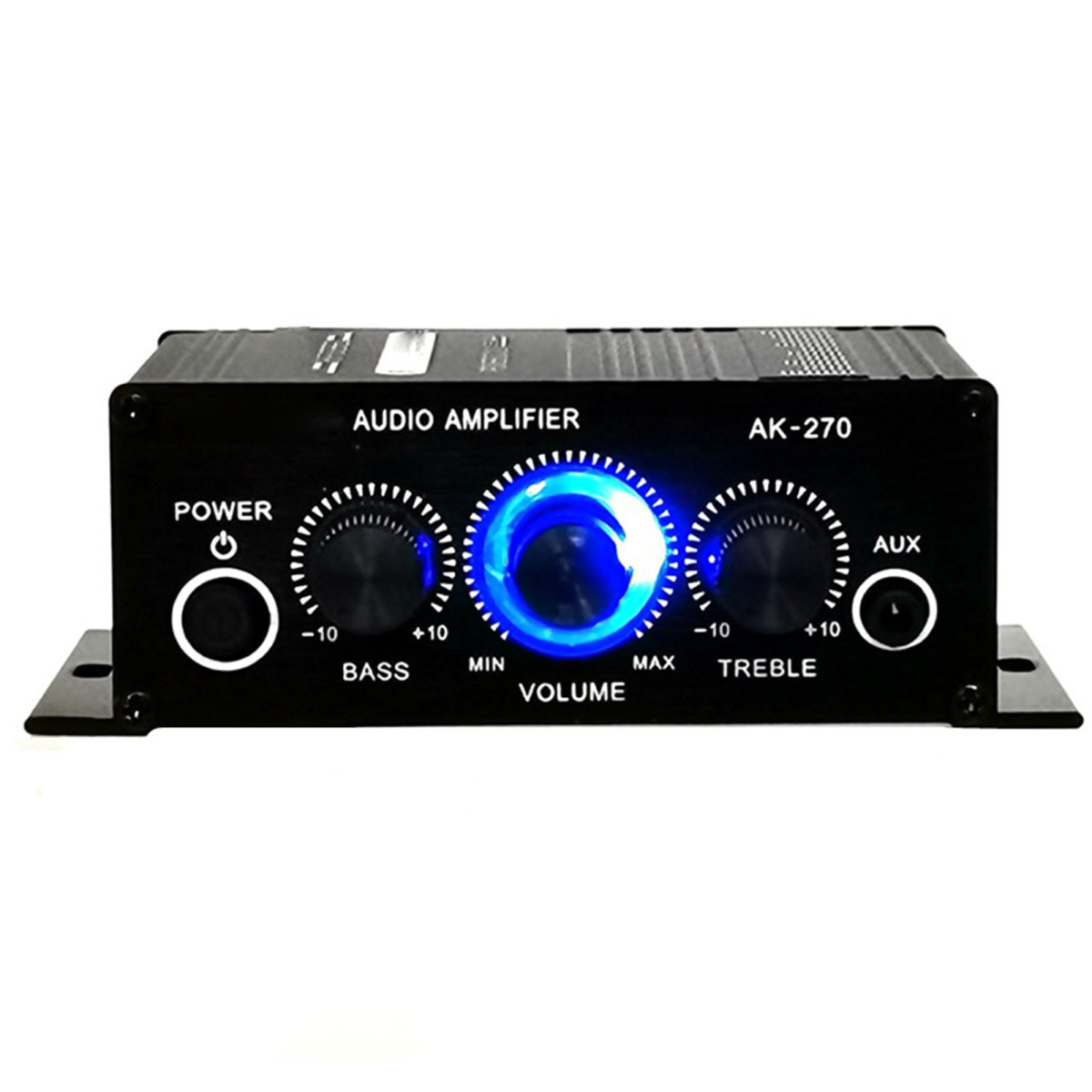 Ein schwarzer Audioverstärker mit der Aufschrift 'AUDIO AMPLIFIER AK-270'. Er hat Knöpfe für Power, Bass, Volume und Treble.