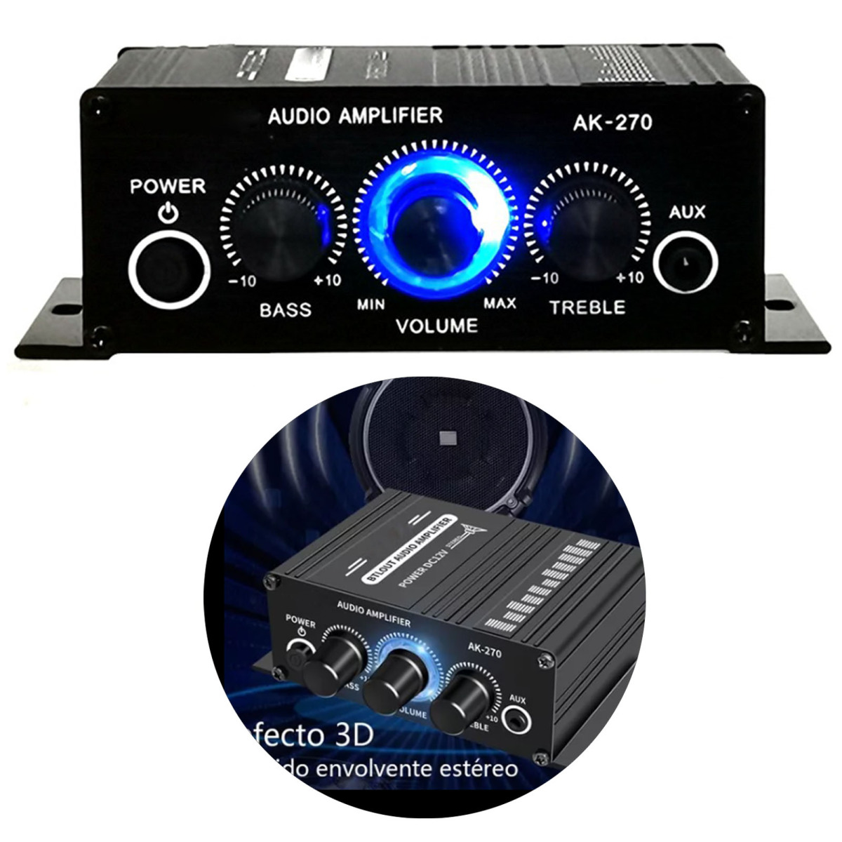 Ein schwarzer Audioverstärker mit Knöpfen, blauem Licht und dem Text 'AUDIO AMPLIFIER AK-270'.