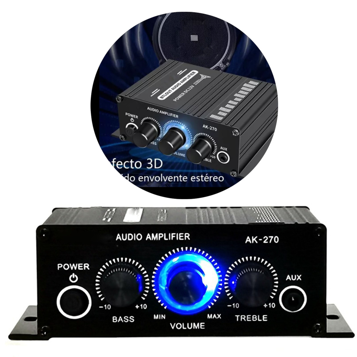Schwarzer Audioverstärker mit Knöpfen. Ein blaues Licht leuchtet vom Lautstärkeregler. Im Hintergrund ist ein Lautsprecherbild.