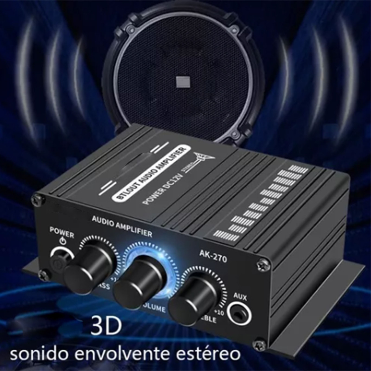 Schwarzer Audioverstärker mit Knöpfen und Tasten mit der Aufschrift 'Power', 'Bass', 'Volume' und 'Treble'.