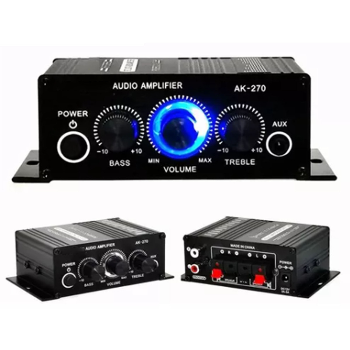 Schwarzer Audioverstärker mit Knöpfen und blauem Licht. Zwei kleinere Verstärker darunter. Weißer Hintergrund.
