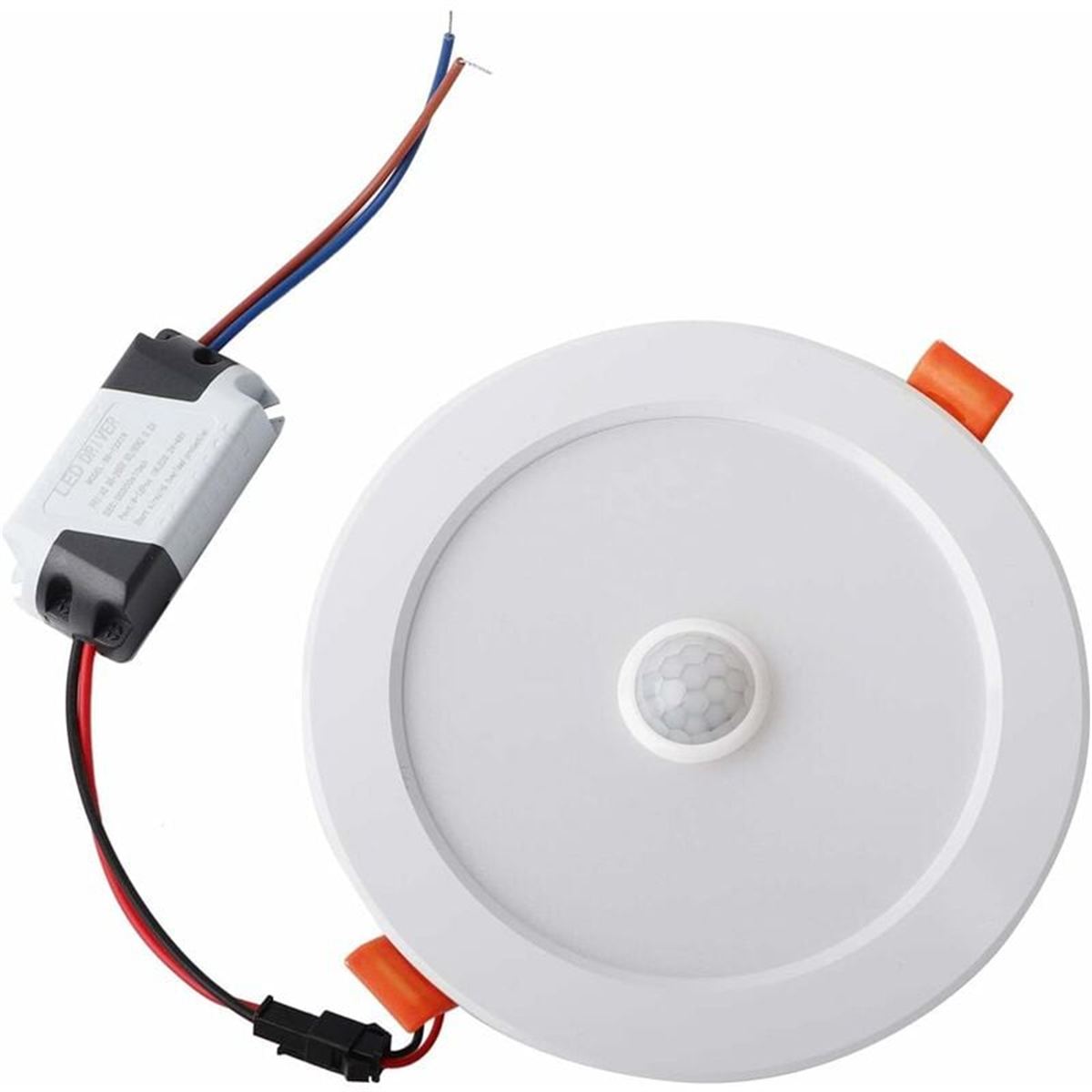 Weißes rundes LED-Licht mit Sensor und separatem LED-Treiber mit Drähten und orangefarbenen Steckern.