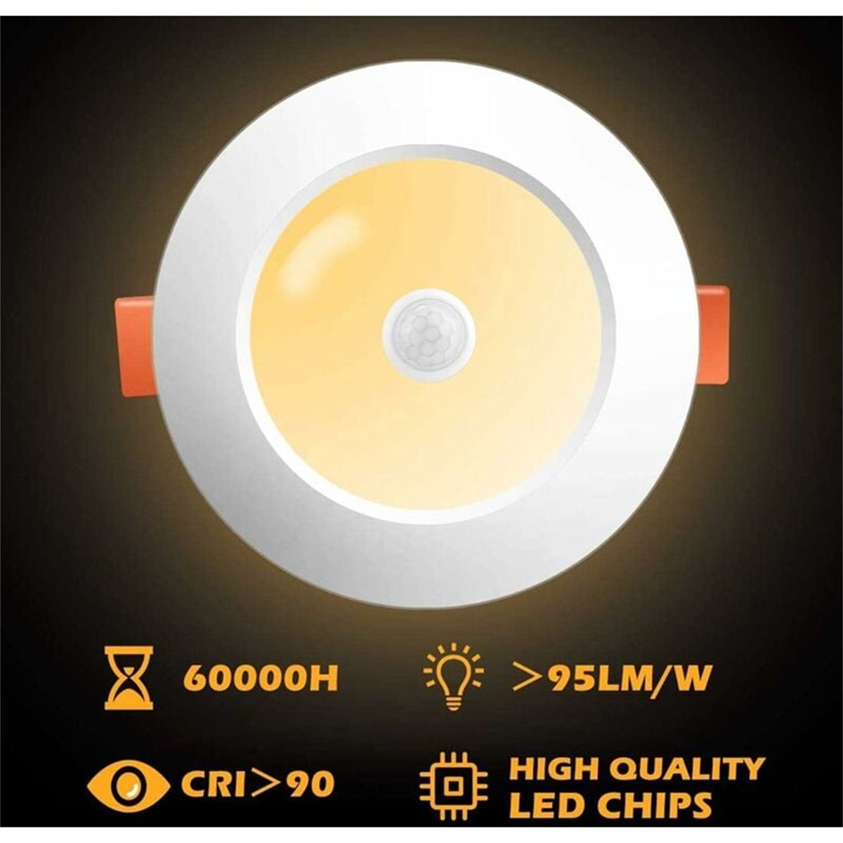 Kreisförmige LED-Leuchte mit orangefarbenen Halterungen, zeigt Spezifikationen: 60000H, <gt/>95LM/W, CRI<gt/>90, und LED-Chips.