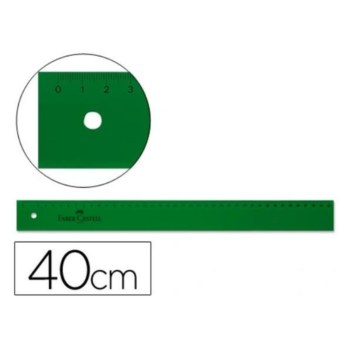 Ein grünes Lineal mit 40 cm-Etikett und einem vergrößernden Kreis.